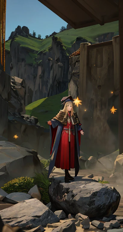 There is a 3D image of a woman in costume on a rock, final fantasy 14 style, spellcasting pose, Wearing a cloak in a blown up plain, female mage!, Wearing a mage's robe, tranding on pxiv, female mage, Ferred - themed robes and hats, Wearing a mage's robe filled with stars, Peacock mage themed clothing