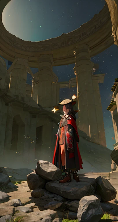 There is a 3D image of a woman in costume on a rock, final fantasy 14 style, spellcasting pose, Wearing a cloak in a blown up plain, female mage!, Wearing a mage's robe, tranding on pxiv, female mage, Ferred - themed robes and hats, Wearing a mage's robe filled with stars, Peacock mage themed clothing