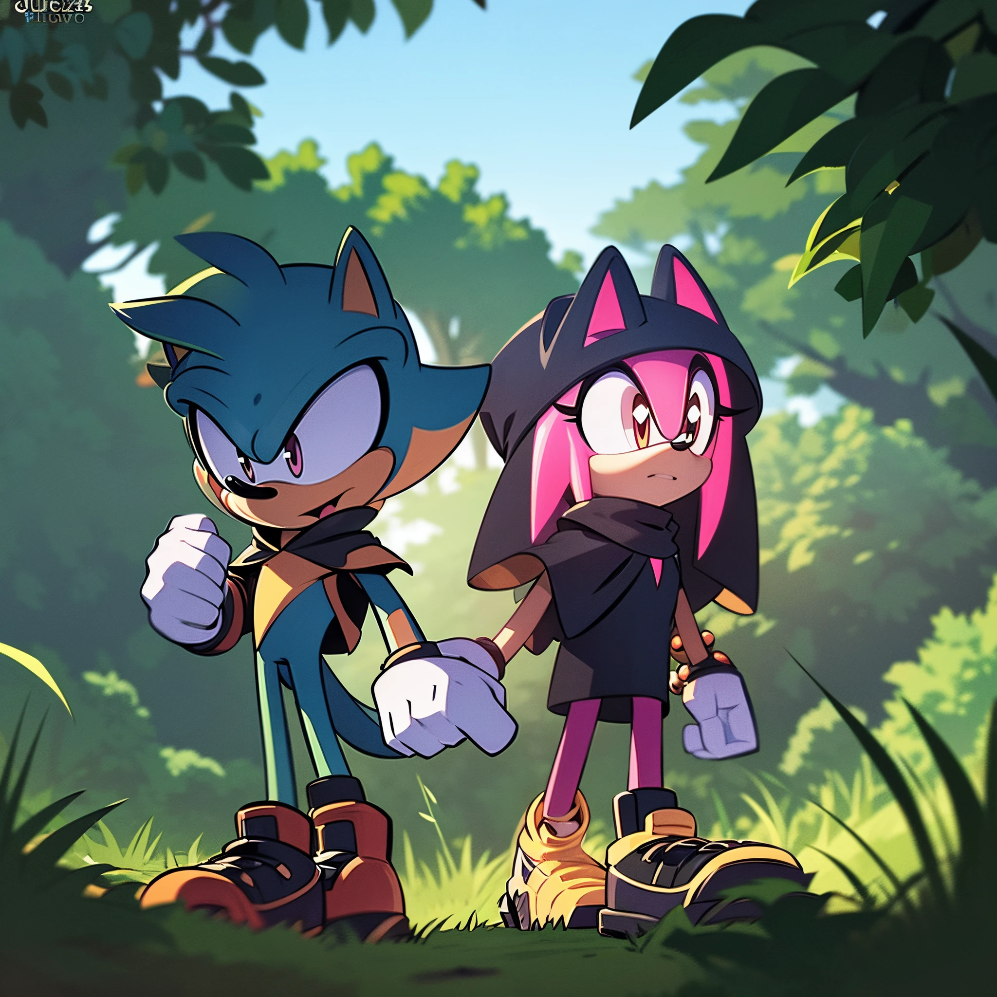 mobian, 1girl, hedgehog, pink fur, amber colored eyes, peach muzzle, long hair/quills, tips of quills fade to light red, dressed in a black hooded cloak, walking in a forest, (insanely detailed, masterpiece, best quality, 4k)