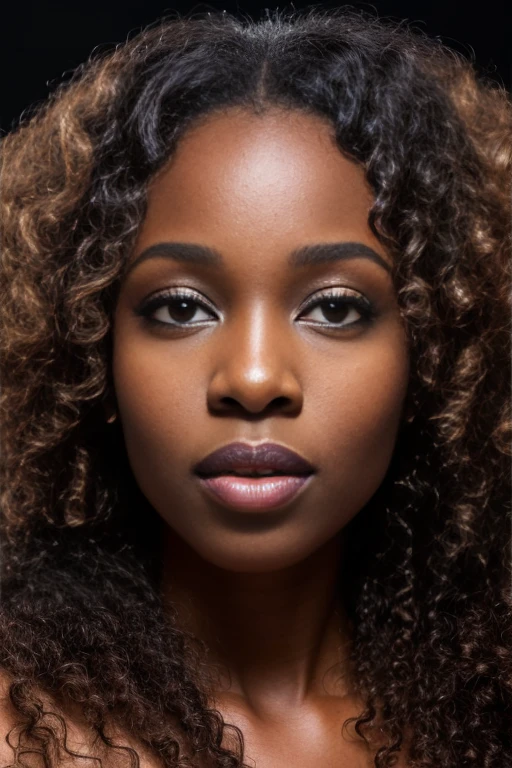 candid dark backside close up 3/4 face portrait of a Glamorous (nigerian woman:1.2) model (with long Cinnamon Curly Hair:1.2),Realistic Perfect eyes and pupils, (posing for a photo), (textured skin, skin pores:1.2), (moles:0.8), (imperfect skin:1.1), intricate details, goosebumps, flawless face, ((photorealistic):1.1), (raw, 8k:1.2), hyper realistic, HDR, cinematic,, dark, neutral colors, slate atmosphere