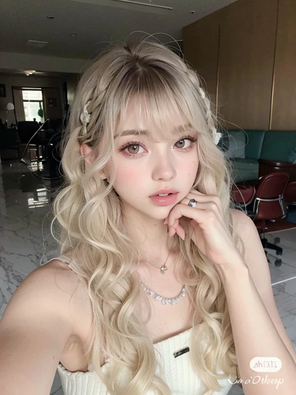 chica de pelo rubio con pelo largo y labios rosados, Lalisa Manobal, Pelo largo con flequillo, Lalisa Manoban de Blackpink, Cabello largo con flequillo completo, pale skin curly blond hair, Cabello largo y blanco y flequillo, con flequillo, flequillo rizado, con flequillo completo, Hermosa Delphine, cabello whitebangs cabello, cabello largo y rizado rubio claro