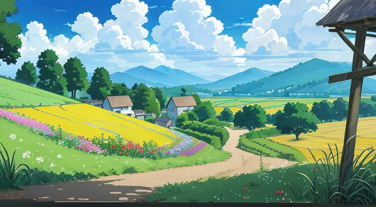 Cartoon scenery of houses in fields with flowers, trees and fields, Anime countryside landscape, beautiful anime scenery, anime landscape wallpapers, Anime background art, Studio Ghibli view, Anime landscapes, beautiful anime scenes, Anime landscapes, amazing wallpapers, distant village background, Anime beautiful peaceful scene, landscape artwork, Landscape wallpaper, Colorful anime movie background, anime backgrounds, anime movie backgrounds