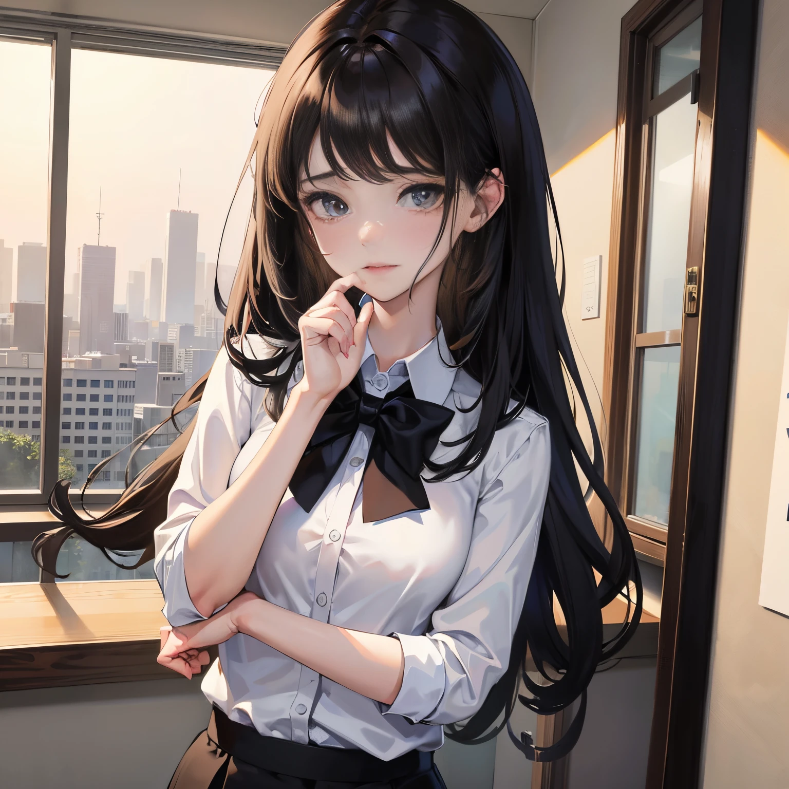 In the principal's office, there is a girl standing up, holding a mobile phone in her hand, aggrieved, crying, tears, talking, long black hair, super detailed, 4k, white, no bow tie,