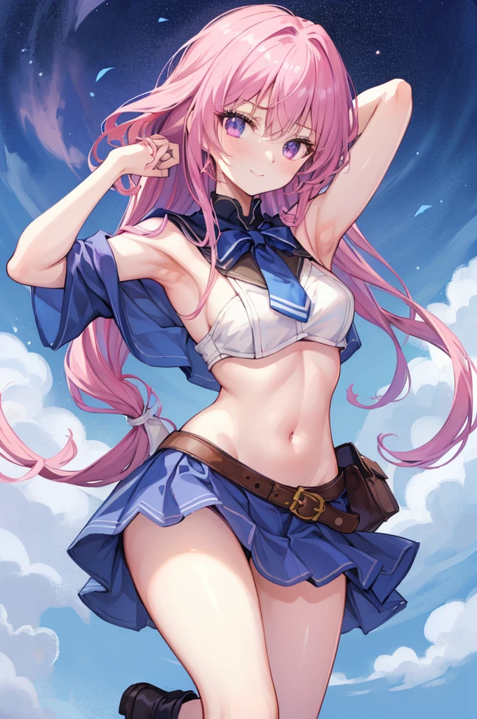 tmasterpiece, top-quality, A high resolution, 8K, A high resolution, ultra - detailed, 1 girl in, (Anatomically correct), The limbs are intact, Complete fingers, Slim 18 year old beautiful active girl,Purple eye, eyes elongated, A long pink hair,, (white skinned:1.2), Mariner Moon: 1.3, (white straitjacket), (Blue sailor color), the bow, (Over-the-knee boots:1.1), collars, (whitegloves), Blue collar, (Wear gloves on elbows), (a blue skirt), A lone, A smile, High school students, Full body like, Bust 86, Waist circumference 58, Hip 88, (Covered in sweat), (Place your hands behind your head, Exposing armpits:1.28), (Tempered body, tonedbody, abdominal muscle split:1.1), (A sexy pose)