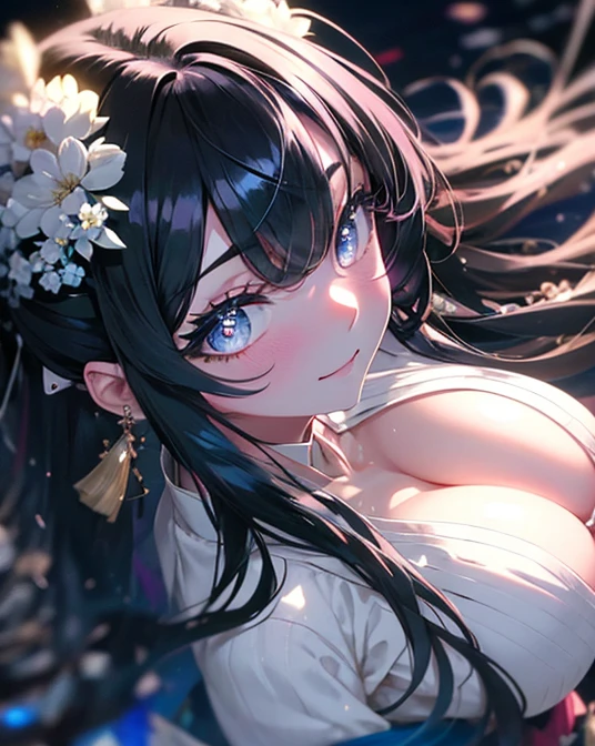 1 girl, game CG, white floral short kimono, thighs visible, gigantic breasts, visible cleavage, dark black hair, long hair, hair up, princess hairstyle, ahoge, blue bright eyes, smile, night, bright blue moon, ultra detailed eyes, ultra detailed face, ultra resolution, highly detailed, ultra hd, 4k, 8k