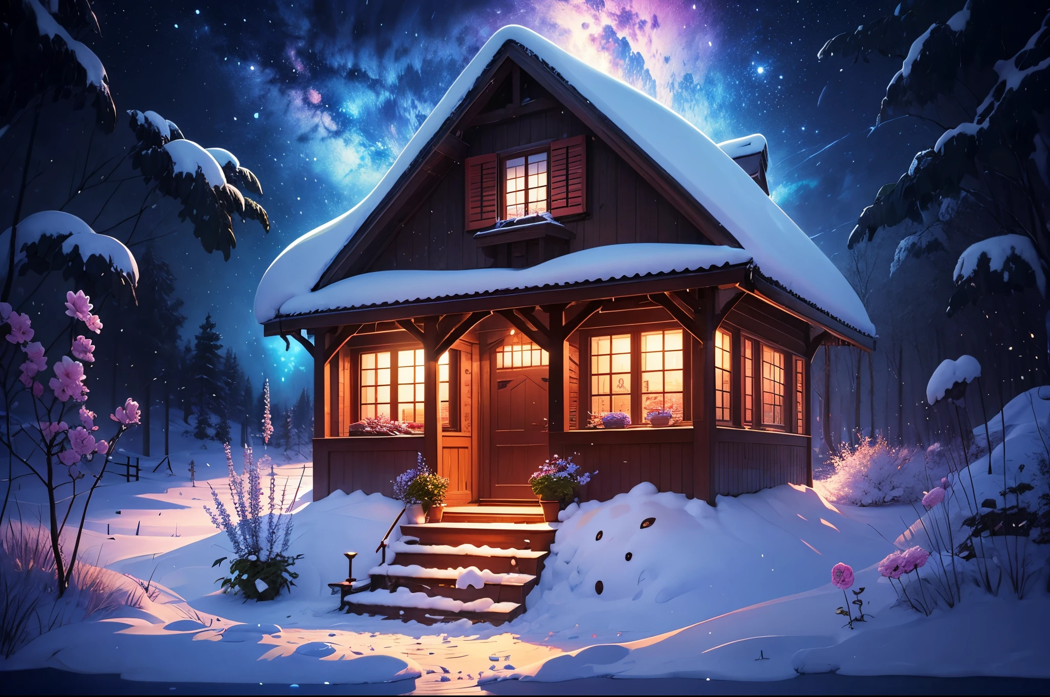 5-year-old girl happily builds a big snowman,snowflower,at winter season,Thick snow,footprints,Colorful,like a dream,in pink,Disney animation style,Disney animated film style,((Best quality at best)), ((tmasterpiece)), Enhanced dynamic viewing angle,,flowers blooming,Cottage in the woods,glowing effect,ultra - detailed,Works of masters,high high quality,8K分辨率,depth of fields,电影灯光,epic shooting,high high quality,ultra - detailed,Detailed pubic hair,Accurate,电影灯光