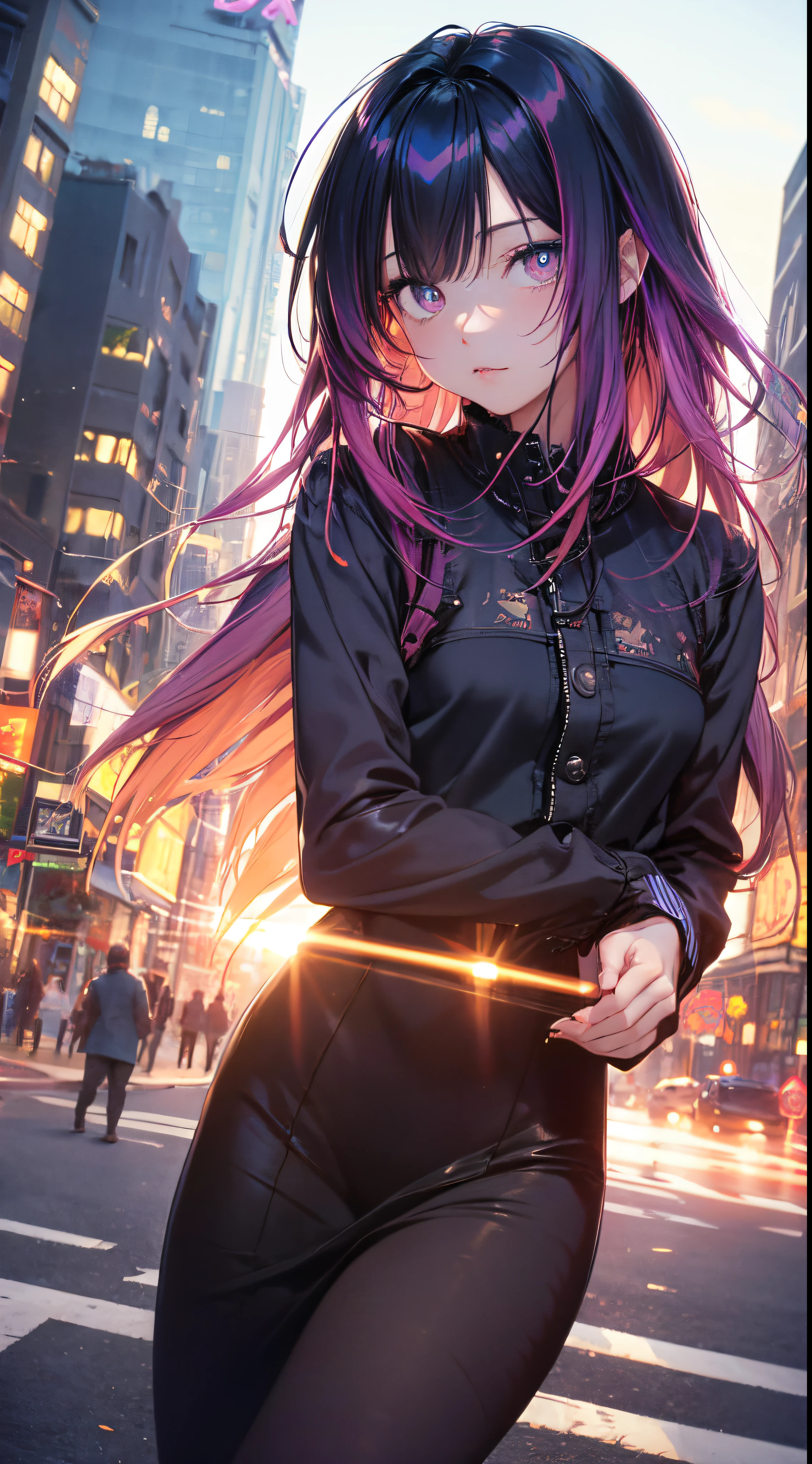 NY, (gradient hair, dutch angle:1.3), film grain, chromatic aberration, city, masterpiece, best quality, raw photo, photorealistic, absurdres, 1girl, cute, perspective, cowboy shot, highres, ultra detailed, detailed eyes and face, sharp pupils, realistic pupils, sharp focus, summer, night,