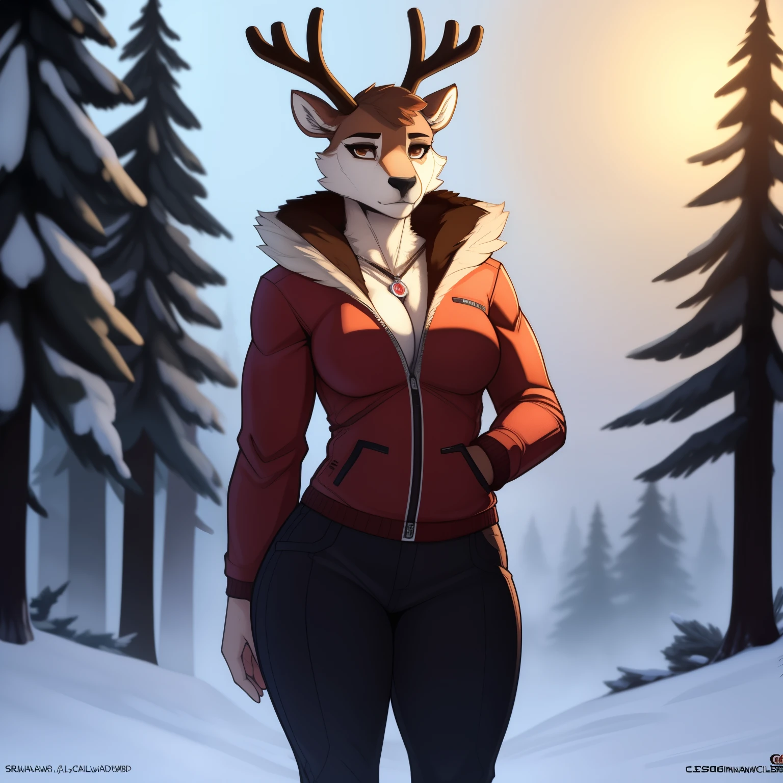 Tall_muscular_reindeer wide_hips female furry_body brown_eyes very_fluffy misty_breath foggy_snowy_forest solo Masterpiece best_quality absurdres highly_detailed cleanly_drawn_eyes anthro_only by_claweddrip, by_greasymojo, by_underscore-b, by_runawaystride fur_trimmed_jacket pants