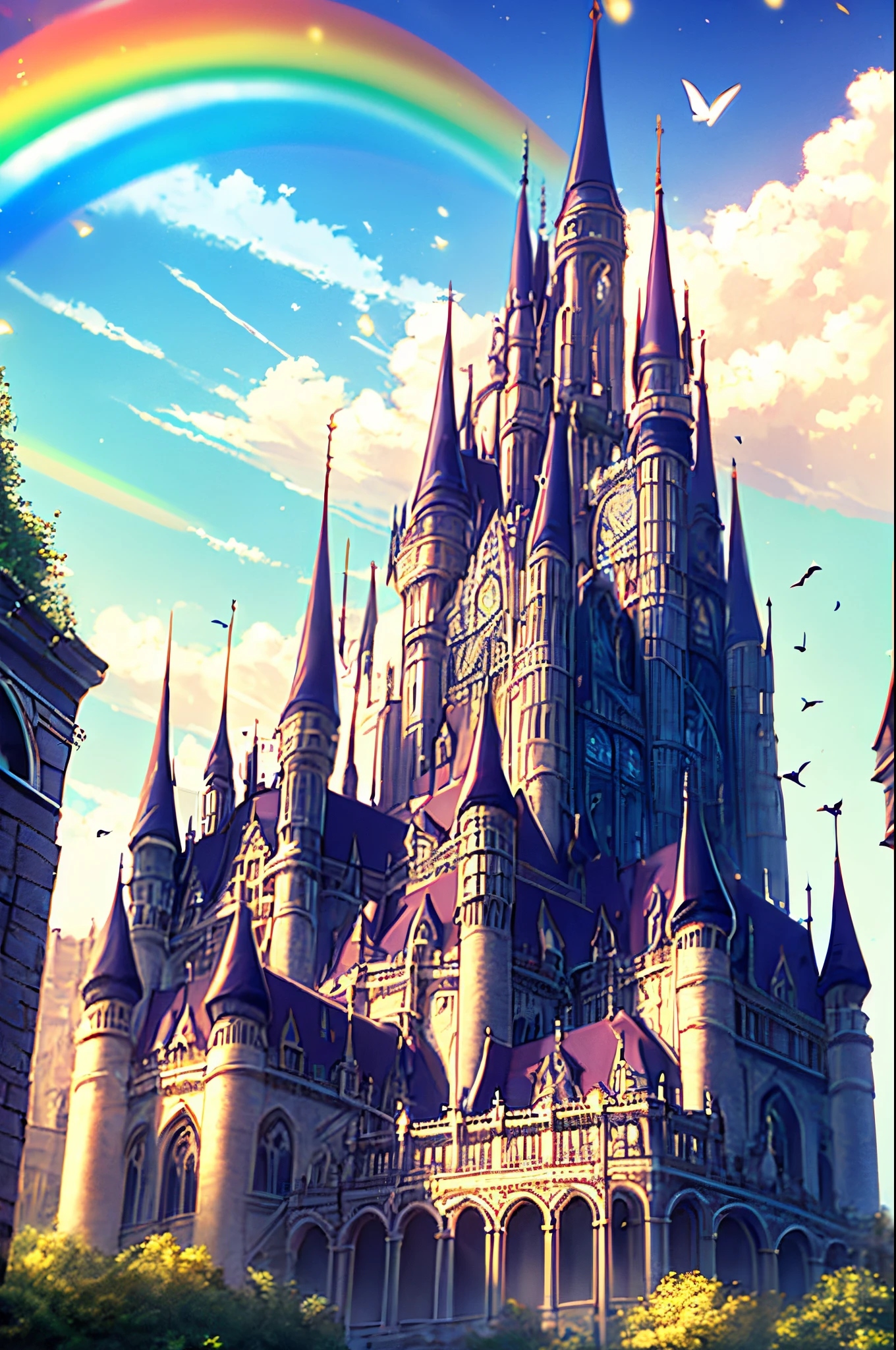 Big castle、with light glowing、opulent、​masterpiece、Vivid、rainbows、Europe
