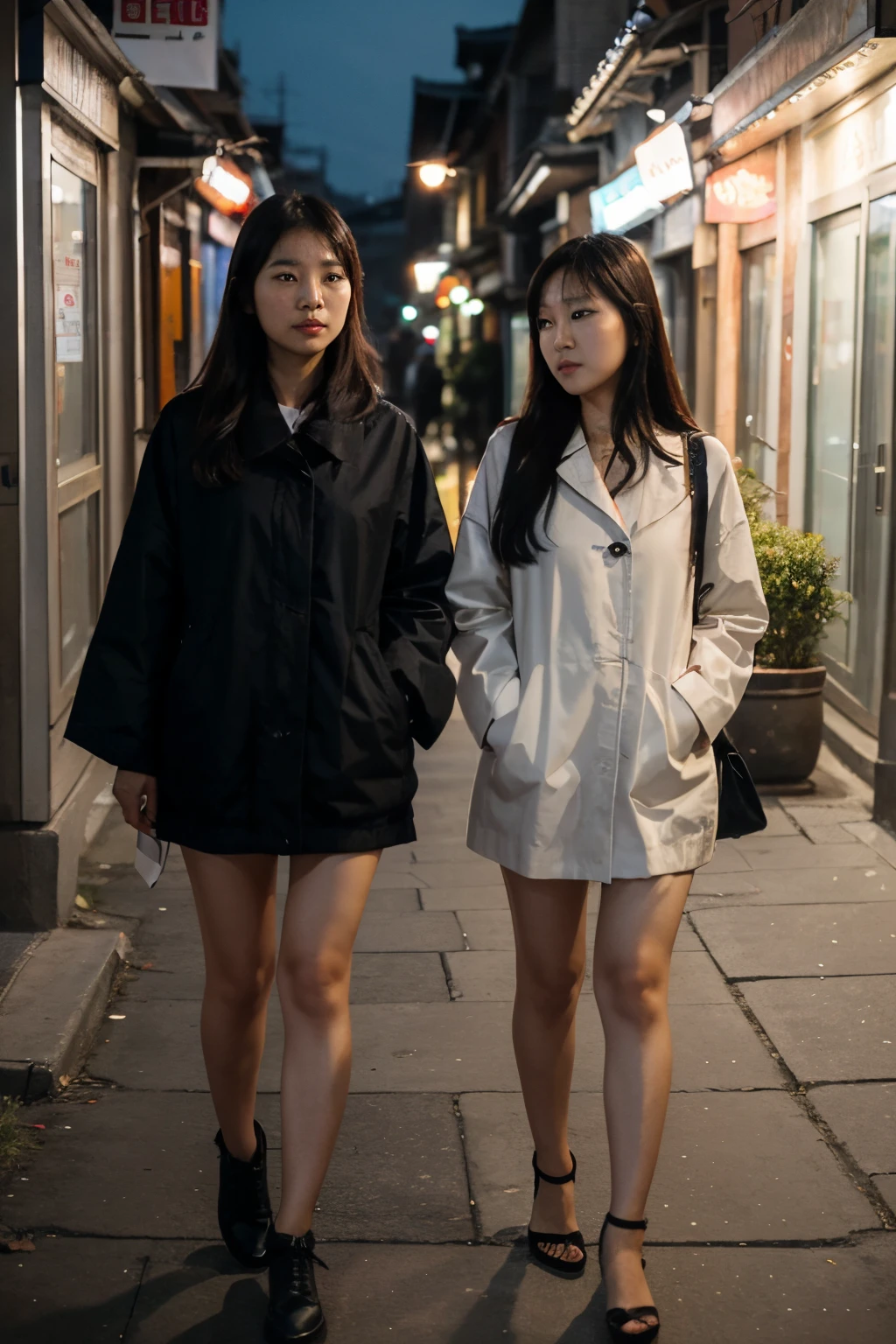 Imagine two Korean women in their 30s dressed in black standing on a dark street. The night air brings a cool breeze,