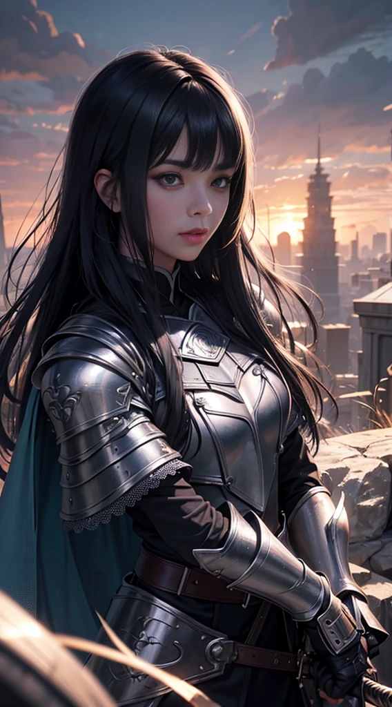 official art, unity 8k wallpaper, ultra detailed, masterpiece, best quality, 1 woman, a girl with long blue hair, hinata hyuga from naruto, she has black hair with blunt bangs, realistic, with long dark hair, from naruto, blunt bangs, purple eyes, pink lips, detailed character,(extremely detailed), dynamic angle, Mysterious expression, wind effect, fantasy background, rim lighting, side lighting, cinematic light, ultra high res, 8k uhd, film grain,best shadow, delicate, RAW, light particles, detailed skin texture, detailed armor texture, detailed face, intricate details, ultra detailed, bright, strong, (silver armor), holding spear, pauldrons, ((black hair)), , bangs, blue cape, fantasy, (realistic), atmospheric,