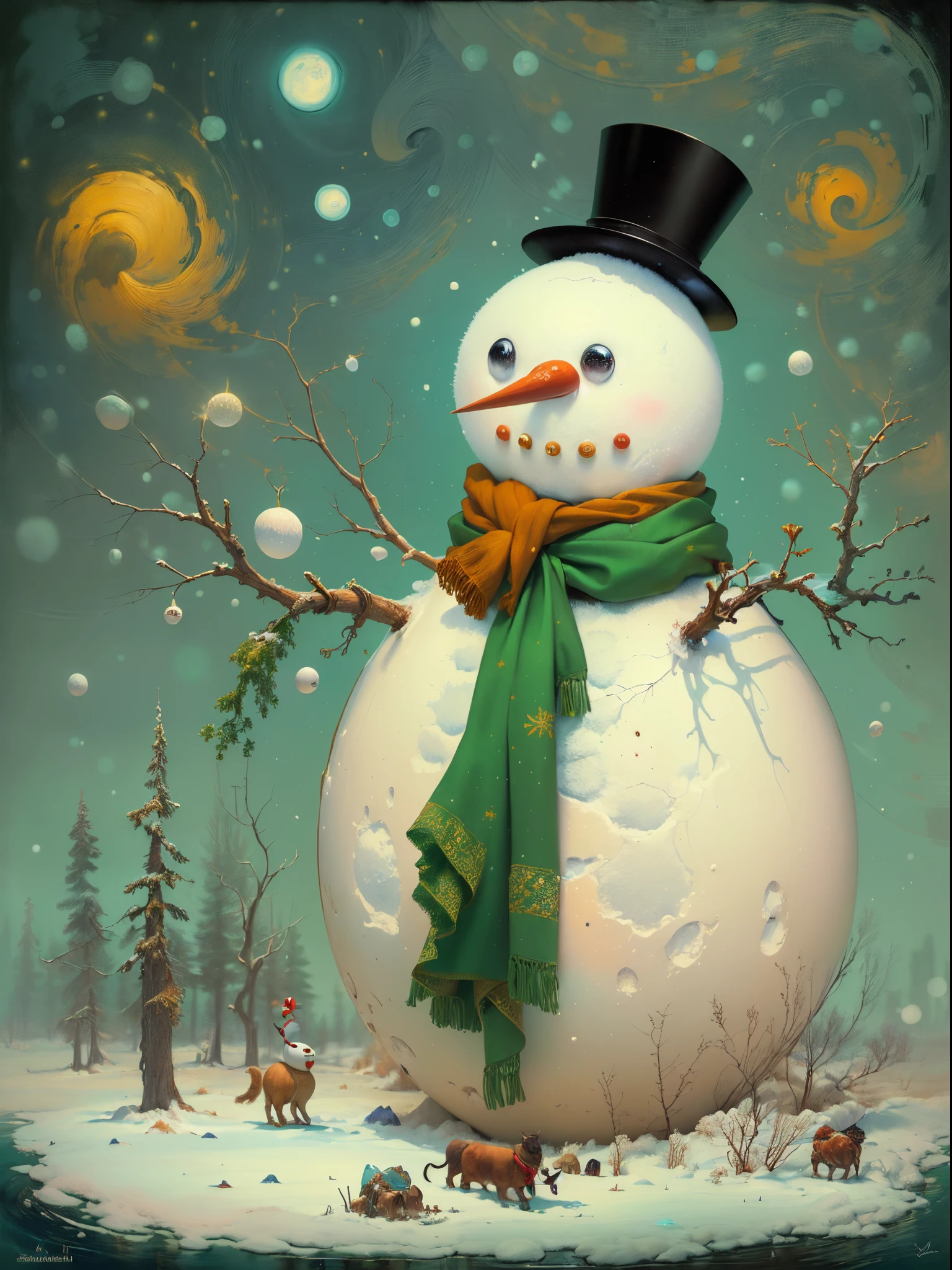(masterpiece, best quality:1.4) , [ (designed by Lyonel Feininger:0.8) and Adolph Gottlieb:12], detailed, Street level shot of a Anxious Burlesque (snowman:1.2) , it has charming details, Snowing, horizon-centered, Screen print, Dark and Gritty, Ambient lighting, Oversaturated, in the style of Bust of Nefertiti, 8K