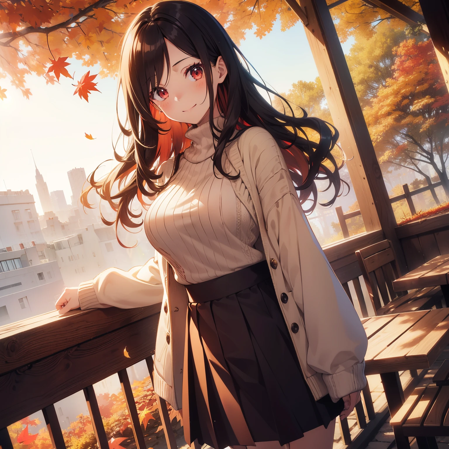 (masutepiece,Best Quality,8K),(extremely detailed CG1.1),s girl,Smile,large boob,(From below:1.2),Intricate details , Hyper realistic, Perfect Anatomy,A dark-haired,Red Eyes,(((Forehead))),Permed hair with wavy hair,(((length hair))),Hair over one eye,hair slicked back,(((Standing))),Full body,Beige Knitwear,skirt by the,blush,Happy smile,Forest with deepening autumn leaves,Colored leaves,Lens Flare,Wind,Magnificent view,(chromatic abberation:1.3),Dynamic Angle,Cowboy Shot,Looking at Viewer,cafes
