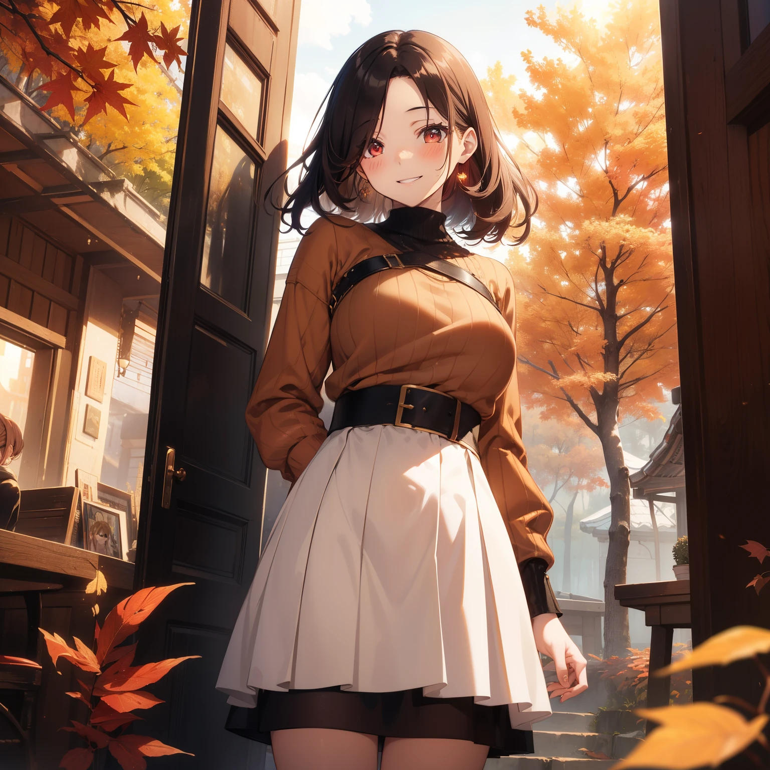 (masutepiece,Best Quality,8K),(extremely detailed CG1.1),teens girl,Smile,large boob,(From below:1.2),Intricate details , Hyper realistic, Perfect Anatomy,A dark-haired,Red Eyes,(((Forehead))),Permed hair with wavy hair,(((length hair))),Hair over one eye,hair slicked back,(((Standing))),Full body,Beige Knitwear,skirt by the,blush,Happy smile,Forest with deepening autumn leaves,Colored leaves,Lens Flare,Wind,Magnificent view,(chromatic abberation:1.3),Dynamic Angle,Cowboy Shot,Looking at Viewer,cafes