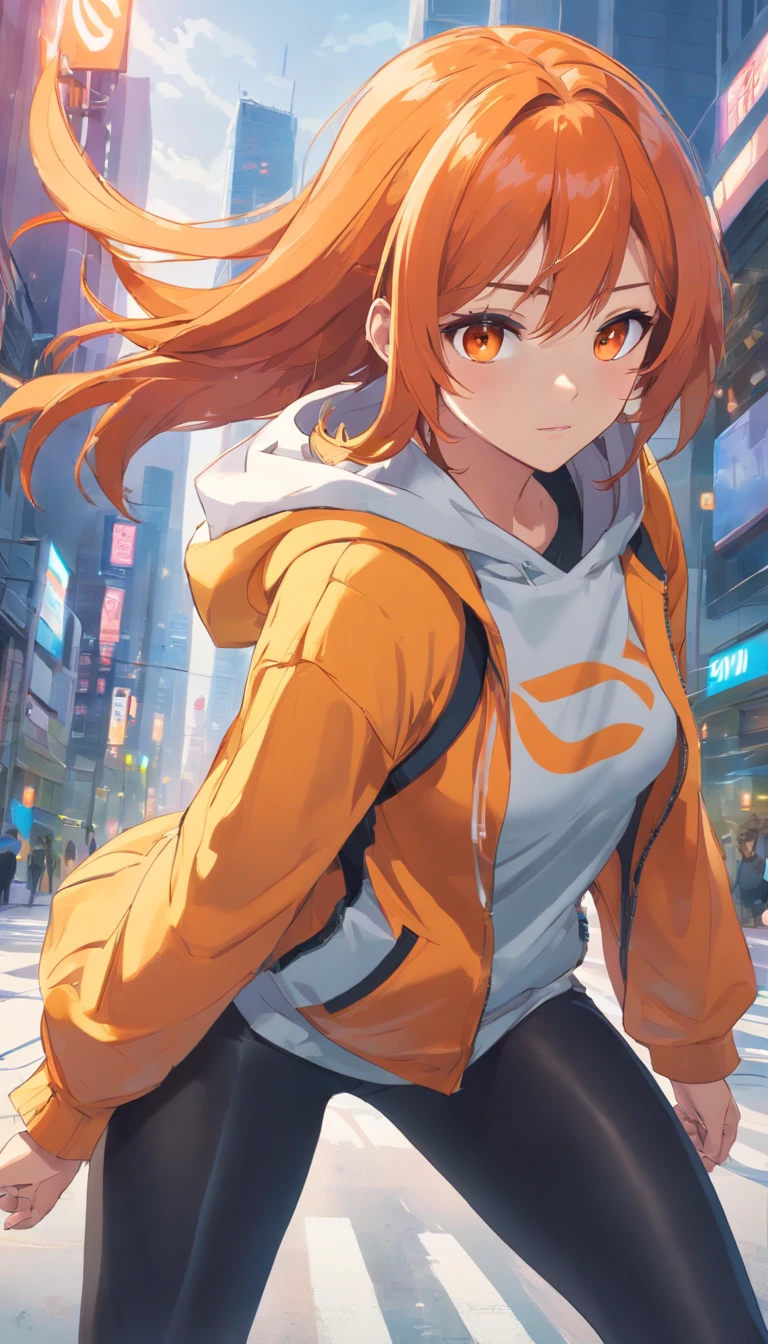 masterpiece、top-quality、Movie stills、1 female、Orange hair、Colossal tits、Huge ass、Fitting black leggings、yellow eyes、thick thighs、Long wavy hair、wide hips、Thigh muscles、Strong thighs、White hoodie 、(Spark:0.7)、helmets、run