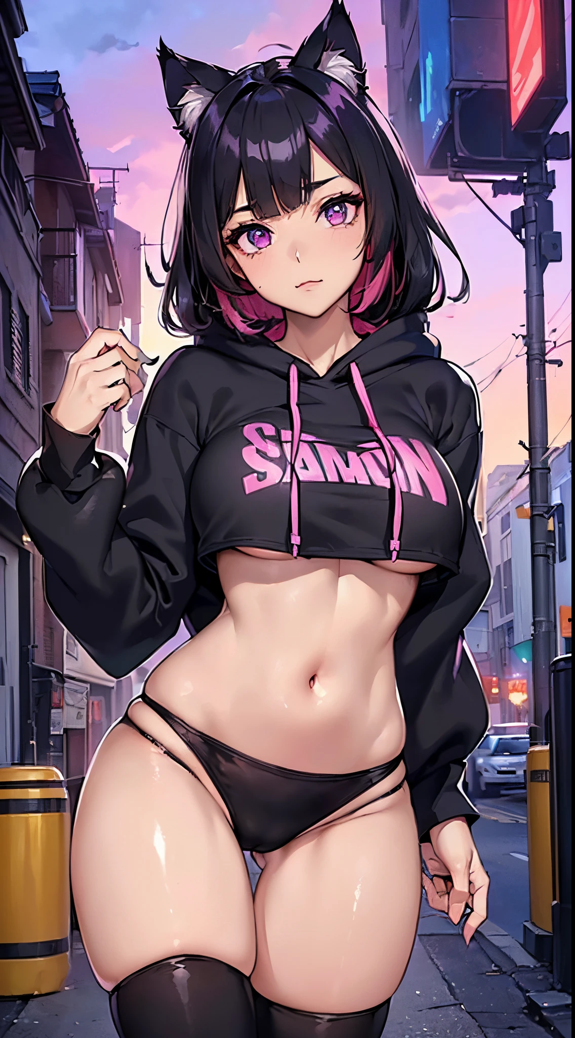girl spacepunk,(((1girl in))),((anime girl with extremely cute and beautiful black hair cat ears walking seductively down the street)),
(Large breasts:1.4),Saggy breasts,(((Black wavy bob hair:1.35,Bangs;1.35,hair messy,Colored inner hair,Ear breathing))),(((Cat ears,cat ears on head,Big cat ears))),((Pink eyes:1.3,upward-eyed:1.3,Perfect eyes,Beautiful detailed eyes,rainbow glows ultra-detailed deep pink purple eyes:1.1,Gradient Eyes:1,finely detailed beautiful eye:1,Symmetrical eyes:1,big highlight on eyes:1.2)),((Fat)),(((Lustrous skin:1.5,bright skin: 1.5,skin tanned,Shiny skin,Very shiny skin,Shiny body,plastic glitter skin,exaggerated shiny skin))),(spider lower abdomen,Narrow waist,wide-hips,athletic bodies,inflated legs,delicate detailed fingers,Detailed body,detailed arms,Human Hands, Detailed hand),
Cute,sluttish,Seductive,Erotic,NSFW,
zettai ryouiki,Revealing clothing,Show skin,((((underboob)))),(cleavage),(wearing a mechanical space body armor:1.3,seminude,with little clothing,tiny thong,Bare legs,Visible lace strap),((((crop top hoodie,cropped hoodie,Hoodie))),(detailed costume,detailed clothes),
(Dynamic Pose:1.0),Solo Focus,embarrassed,Centered,scale to fit the dimensions,thirds rule,
Outdoors, ((Night view)), (Cyberpunk Night Street Background: 1.5,dark sky,alleyway,Lonely alley,Thick clouds, Detailed background:1.25),
(Best Quality), (High resolution), (Sharp Focus), (ultra-detailliert), (Extremely detailed), (Very high quality artwork), 8K_Wallpaper, (Highly detailed CG in 8K),(Very fine 8K CG), ((hyper super ultra detailed perfect piece)), flawless, (((masutepiece))), Illustration, Vibrant colors, (Convoluted), High contrast, Selective lighting, double exposure, nffsw (High dynamic range), Post-processing, Background blur,
