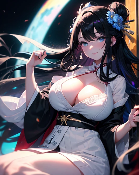 1 girl, game CG, white floral short kimono, thighs visible, gigantic breasts, visible cleavage, dark black hair, long hair, hair up, princess hairstyle, ahoge, blue bright eyes, smile, long legs, black heels, night, bright blue moon, ultra detailed eyes, ultra detailed face, ultra resolution, highly detailed, ultra hd, 4k, 8k
