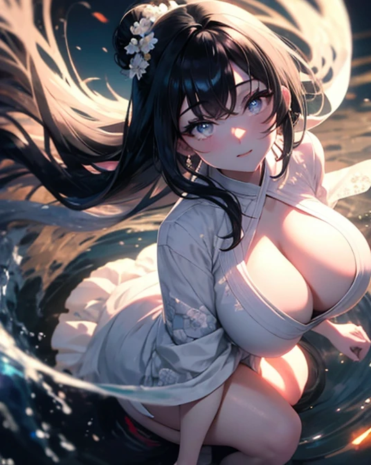 1 girl, game CG, white floral short kimono, thighs visible, gigantic breasts, visible cleavage, dark black hair, long hair, hair up, princess hairstyle, ahoge, blue bright eyes, smile, long legs, black heels, night, bright blue moon, ultra detailed eyes, ultra detailed face, ultra resolution, highly detailed, ultra hd, 4k, 8k