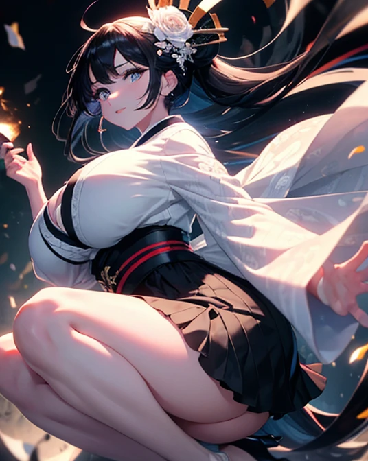 (anime moe style)),((game CG)),(masterpiece),(highest quality), (Super detailed),shape,((very delicate and beautiful)), ,sharp look,looking at the viewer,(((24 year old female)),((whole body)),detailed face and eyes,Intense eyes like jewels,(loosely braided long hair),,,(super huge breasts,long and slightly saggy breasts,nipple) plump body black hair, black eyes Dancer, semi-transparent clothing, dynamic dancer, super mini skirt, dancer outfit, Kagura, semi-transparent lace fabric, gorgeous jewelry, black knee socks, sumo stance, legs spread, knees bent