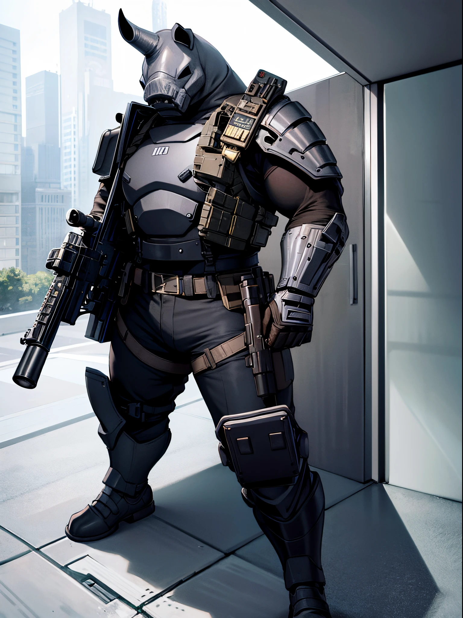 Solo, single, humanoid, rhino, rhino head, armor, ammunition belt, holding a machine gun, holding a gun, standing, smug, combat boots, bank backdrop, bank robber, mutant
