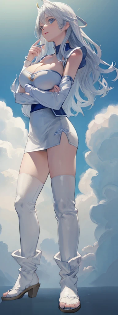 From below, sky, attractive and sexy woman, college girl, ((Skirt flipped up, white panties visible))