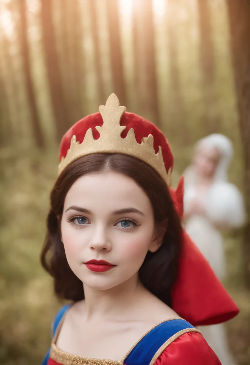 5 years old ??? in the fairy tail forest cosplay Snow White,little Snow White , little child, upper body, Little blue and red dress, Ultra photo realsisim, Realistic, best quality real texture skin,cute true circle Symmetrical eyes, cute face, medieval world, epic realistic, Cinematic
