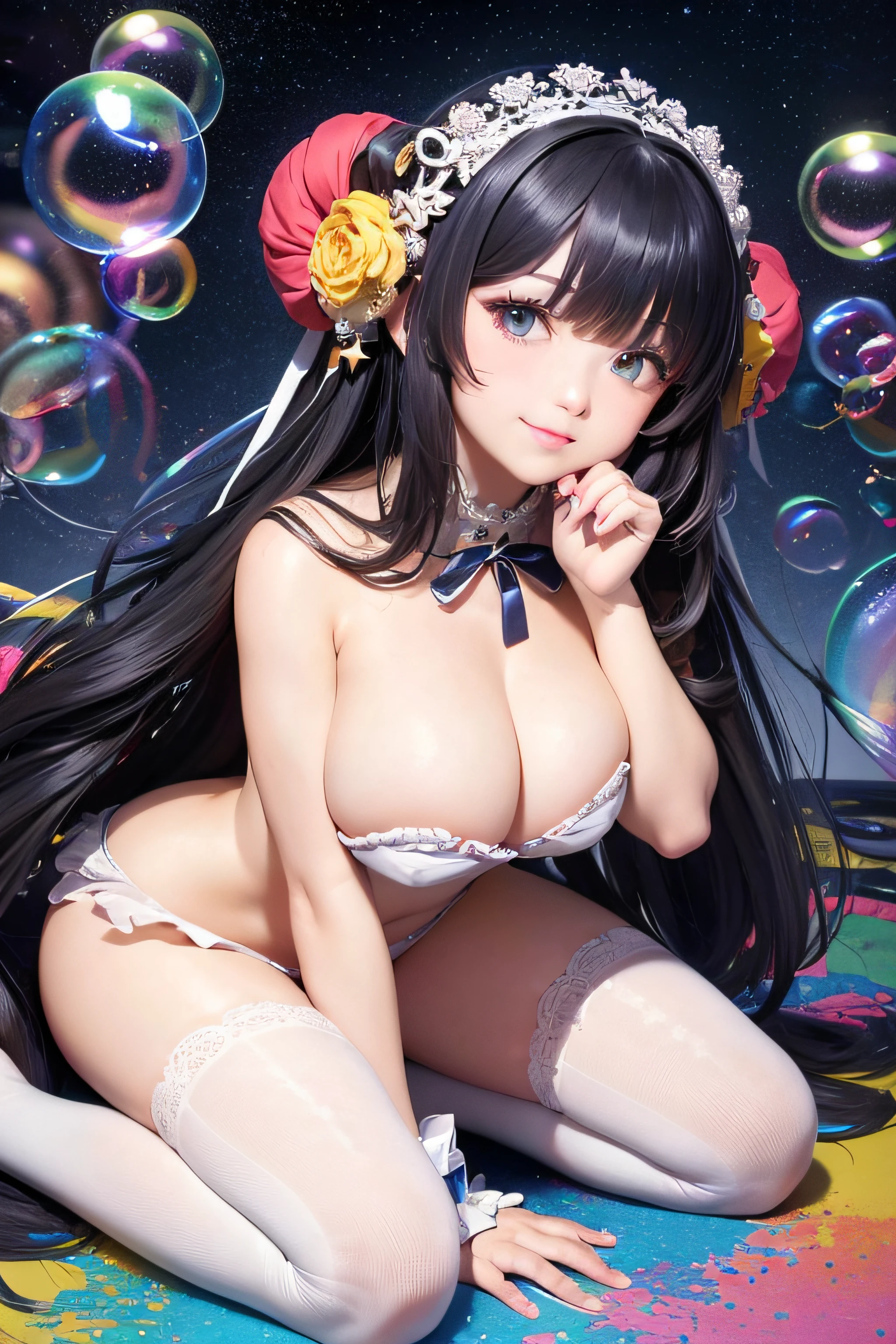 (tmasterpiece), (Best quality at best), (offcial art, extremely detaild的 CG unified 8k wallpapers), (The is very detailed), ((absurd res)), 1个Giant Breast Girl, 中景 the scene is, (exquisite facial features),(Sefuku:1.3) ((SFW)),((Clean hands)), ((White stockings without shoes)),Water-colored eyes, Colored Contact Lenses, There are stars in the eyes, (((Colorful bubbles))), colored glass, (album covers)