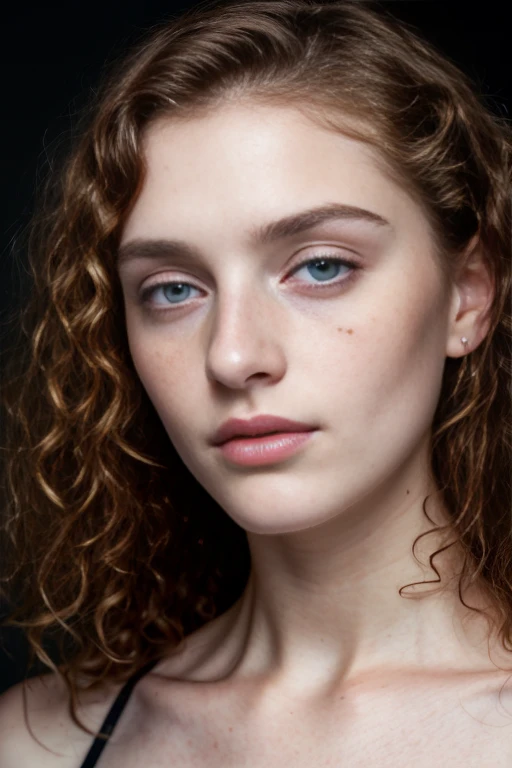 ((half body)) 3/4 portrait photo of a beautiful 20 years old european woman, (extra long (((curly)))) red hair), Award - winning photograph, Masterpiece, 8k, ultra high res, hyper detailed, beautiful woman, perfect face, rule of thirds, Realistic Perfect eyes and pupils, Perfect full lips, upturned nose, highly detailed shining hair, ((detailed face)), ((detailed facial features)), (finely detailed skin), pale skin, freckless, skin pores, skin blemishes,(moles:0.8), (imperfect skin:1.1), intricate details, goosebumps, realistic skin texture, ((photorealistic):1.1), (raw, 8k:1.2), hyper realistic, HDR, cinematic,, dark, neutral colors, slate atmosphere, lifelike textures, dramatic lighting, backlight on hair, sharp focus, film grain, dslr,
