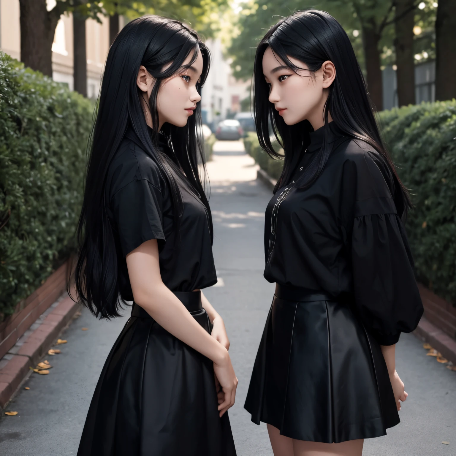 Two  girls，face to face，blacksilk，black color hair，a skirt，Look at each other