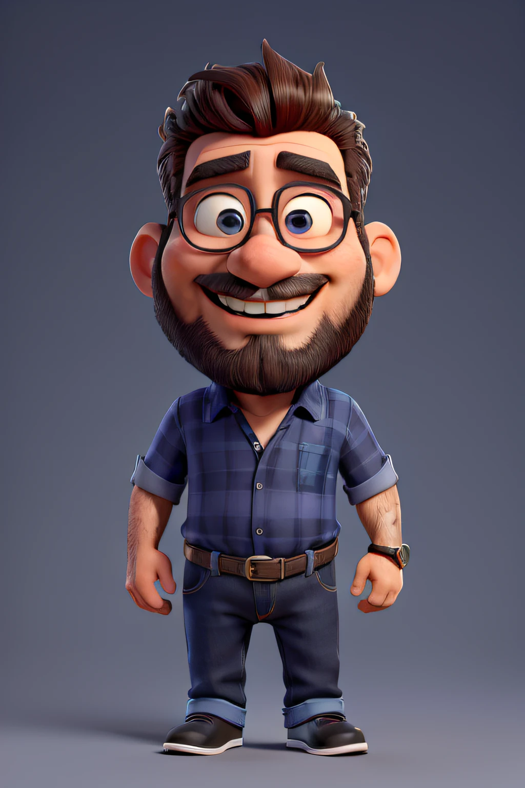 homem velho e gordo de cabelos brancos e sem barba. He is wearing a dark blue shirt, jeans and black shoes. With a friendly face he is smiling looking at the camera.