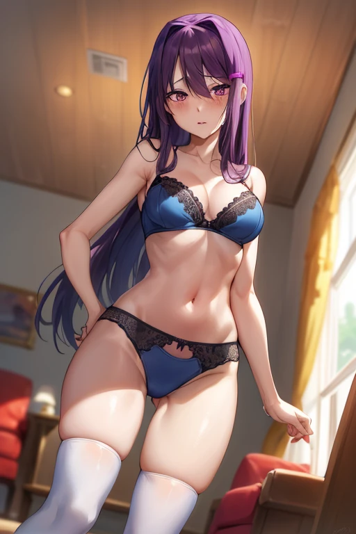 2d, masterpiece, ((on all four)), best quality, full body, full pose, anime, highly detailed, cowboy shot, 1girl, solo, yuri, purple hair, purple eyes, long hair, hair between eyes, hairclip, medium breasts, ((sexy black lingerie)), thights, ((blue platform shoes)), slim body, slim legs, ((bite lips)), blushing, red face, living room, ((white underknee socks) ((point of view down)) ((point of view from floor))