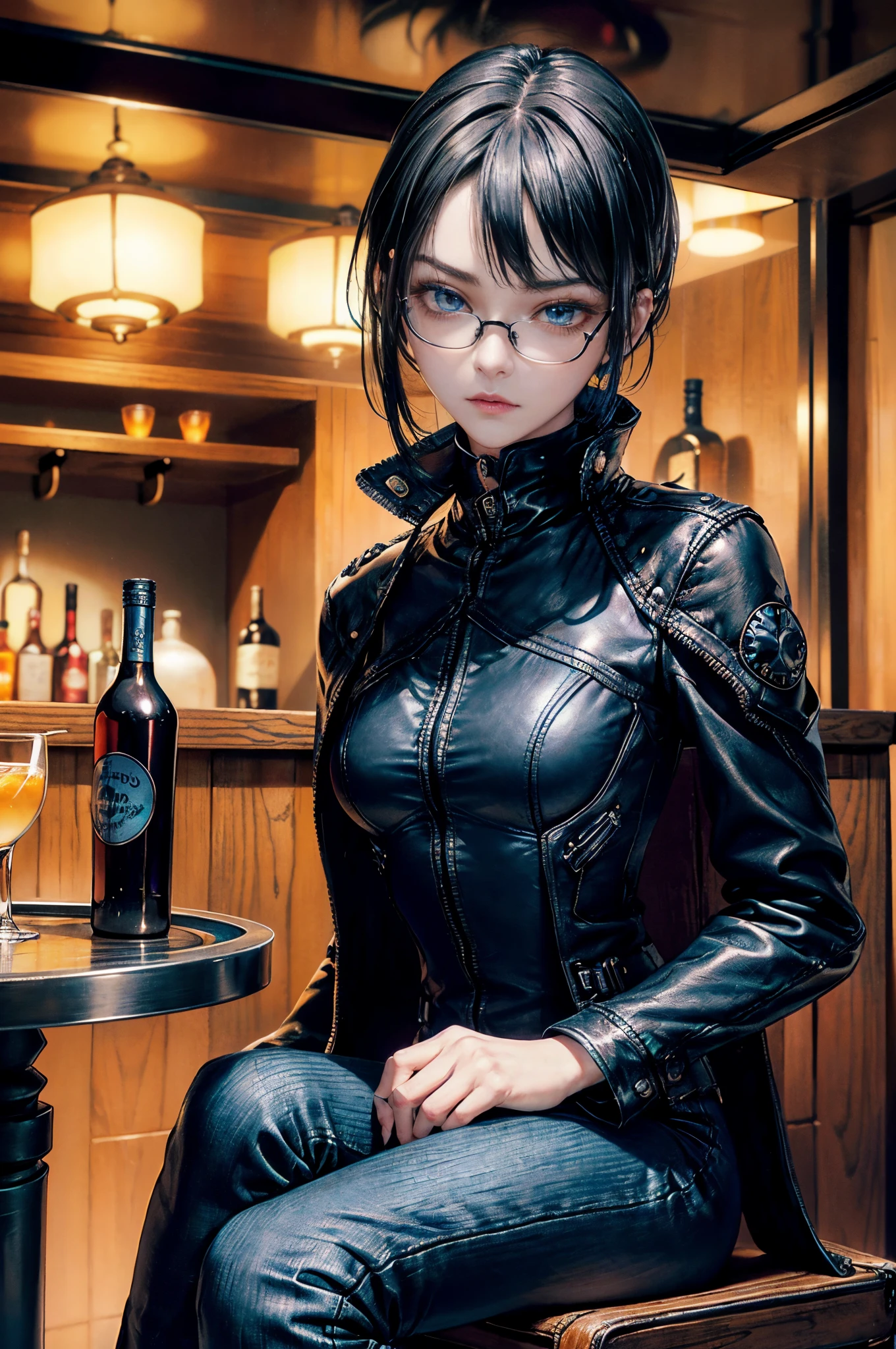 Cinematic lighting、highlydetailed skin、masutepiece,1girl in, Best Quality,cyberpunked,(Alternative、dim colors, Soothing tones:1.3),(Beautuful Women、Detailed beautiful facial features、Short black hair、blue eyess、eye glass、slenderbody:1.3)(eye glass:1.5)(Black Denim、long boots、Blue leather coat:1.3)(iron table)(sit a chair、liqueur drink on hand:1.8)(natta、Inside the bar:1.5)