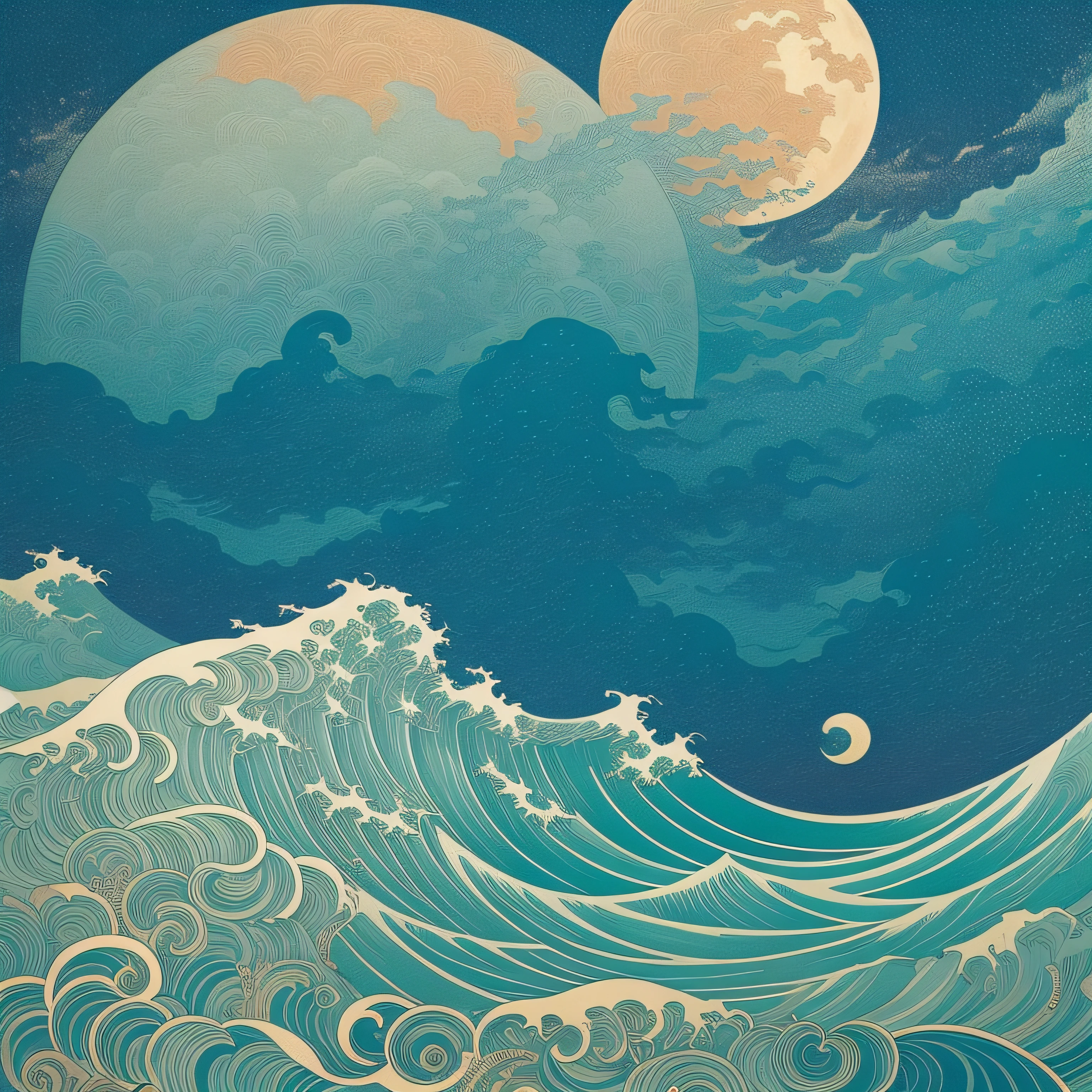 waves at night big moon, victo ngai style, botticelli and victo ngai, victo ngai! muted colors, inspired by Victo Ngai, victo ngai and tristan eaton, by Victo Ngai, james jean and victo ngai, ( ( victo ngai ) )