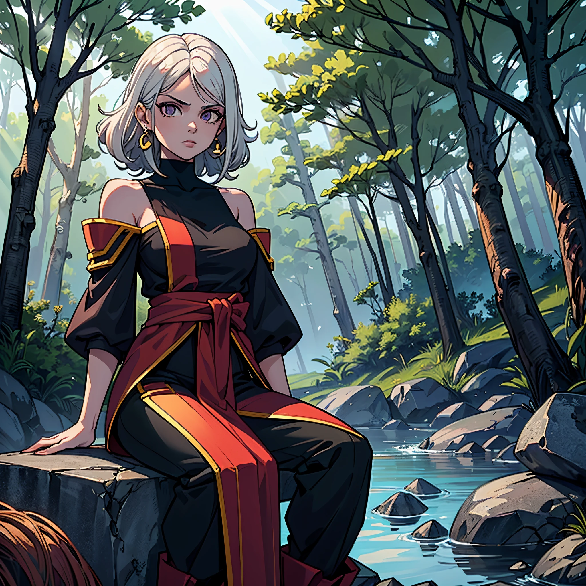1girl, female Kai, woman, commonly known as the Supreme Kai of Time’s apprentice, is a short and petite Kai of a youthful and pretty appearance with white hair and light purple skin. Like most Supreme Kais, she wears a pair of Potara earrings and robes similar to those worn by the Supreme Kais on the Sacred World of the Kai, though it has a more casual design that is distinctly feminine. Her outfit known as Supreme Kai of Time's Clothes also sports a pair of high-heeled boots, ((Kai robe is black with yellow trims)), (shoulder less sleeves), ((Baggy black pants)), (white high heeled boots), (medium hair), (white wavy hair), ((large hair bang covering half of her face)), (black colored eyes), blank expression, looking at viewer, ((sitting on top of large stone)), ((background: (forest), (sunny), (trees), (sun rays through trees)), (insanely detailed, beautiful detailed face, masterpiece, best quality, 4k)