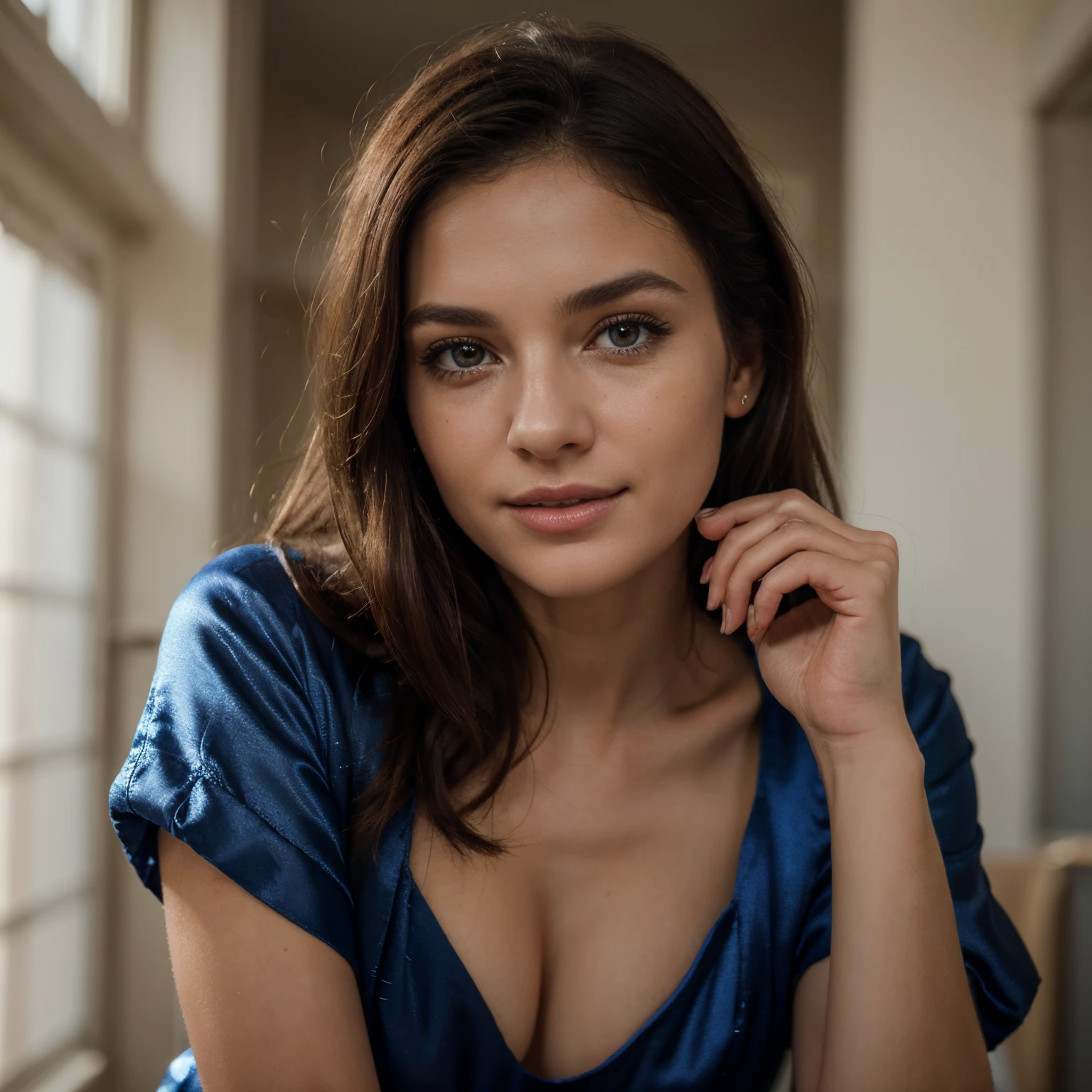 .RAW, analogique, Nikon Z 85mm,((Best quality)), ((Masterpiece)), ((Realstic)),image vintage, Beautiful French woman, 18 ans, long tight dress, satin dress, gown, Grand sourire avec des dents visibles, ((petits seins)), (Rousseur:0.6), Intricate details, highly detailed, mise au point nette, professionnel, 8K, Rayons divins, hand model, Superbes yeux bleus, petite, high resolucion, Detailed facial features, High detail, mise au point nette, lisse, Extremely detailed, photo_\(ultra\), photoreallistic, Realstic, Post-traitement, max detail, roughness, real life, ultra realist, photorealism, 8K UHD, SEMI-SILHOUETTE light, Visage russe