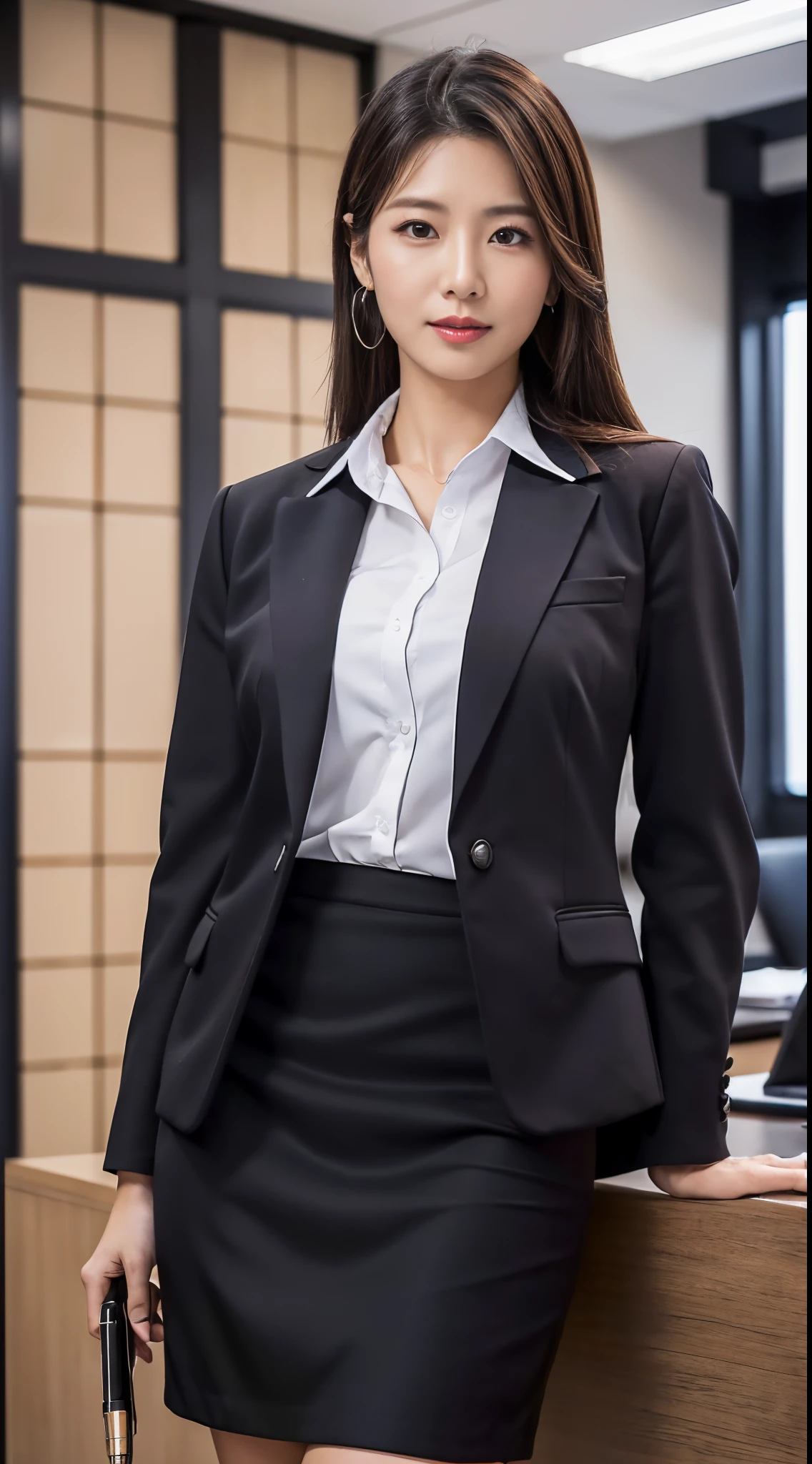 Best quality, Full body portrait, Delicate face, Pretty face, 60-year-old woman, Slim figure, Large bust, office lady uniform, office clothes, in class room, wears glasses, Standing position