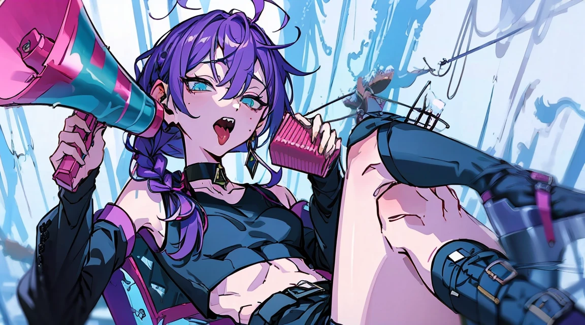 long hair, mole under mouth, purple hair, single braid, hair between eyes, aqua eyes, sharp teeth, ahoge,ch4nge, 1girl, solo, looking at viewer, open mouth, holding, sitting, earrings, crossed legs, megaphone, crop top, red jacket, black choker, bare shoulders, thighs, black shorts