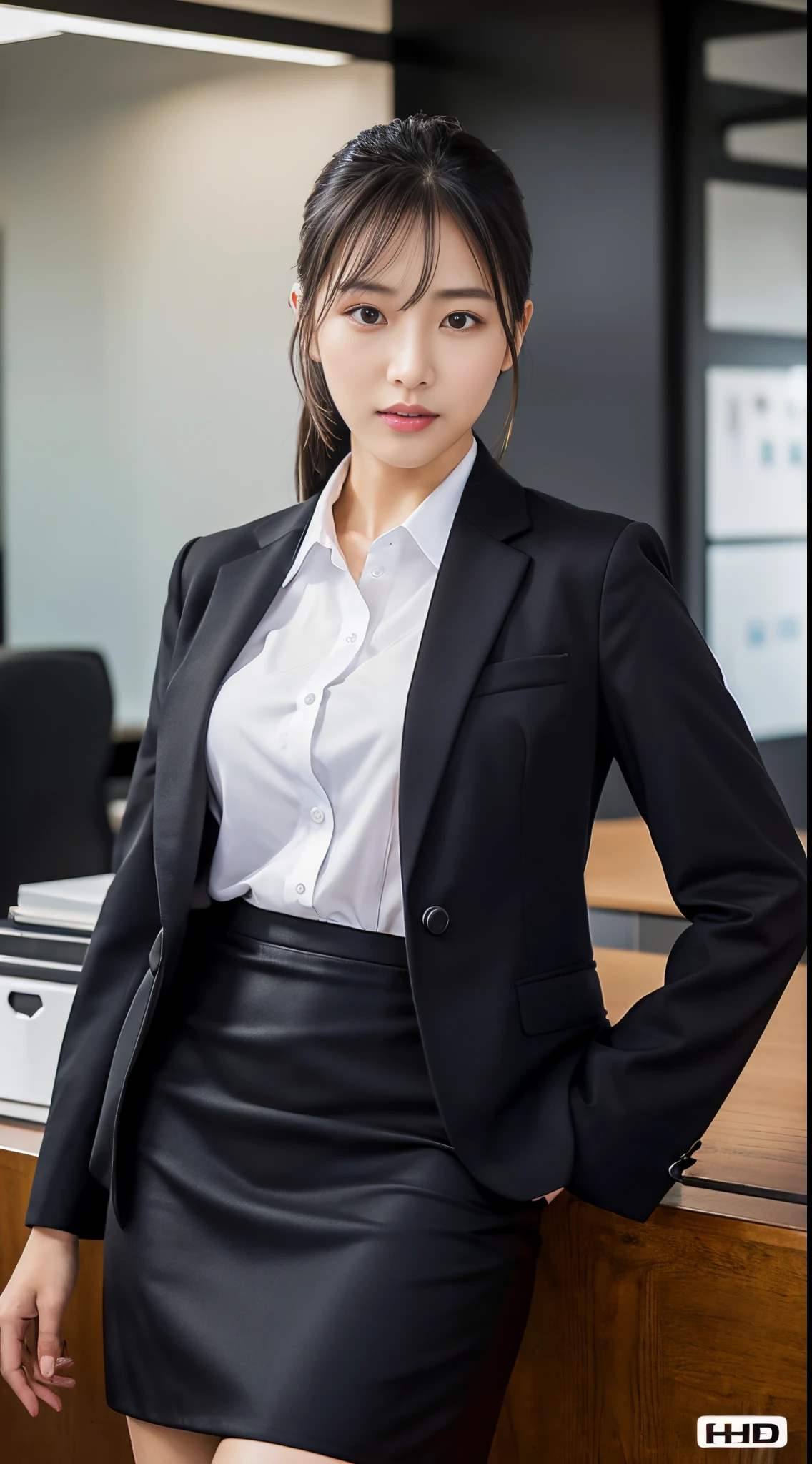 ((masterpiece, best quality,  FHD, 16K :1.3)) ,Japanese woman ,Black Suit ,Black Pencil Skirt, medium chest ,cowboy shot,Office