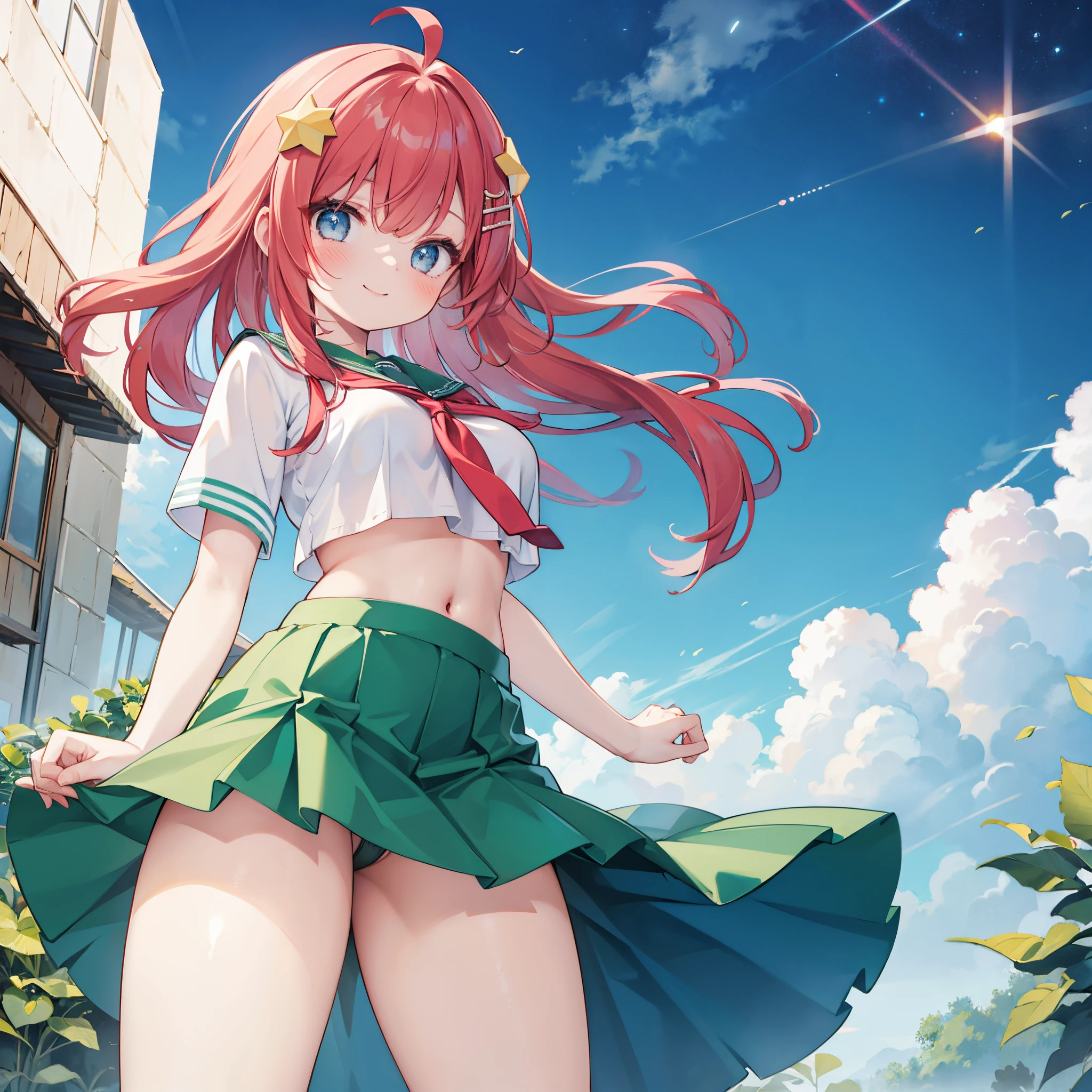 best quality, highly detailed, 1girl, cowboy shot, nakano itsuki, blue eyes, red hair, long hair, star hair ornament, ahoge, crop top, green skirt, miniskirt, medium breasts, standing, school, outdoors, smile, large breasts, small waist, very wide hips and thick thighs. smiling. Arched back. Volumetric light. Ambient light.