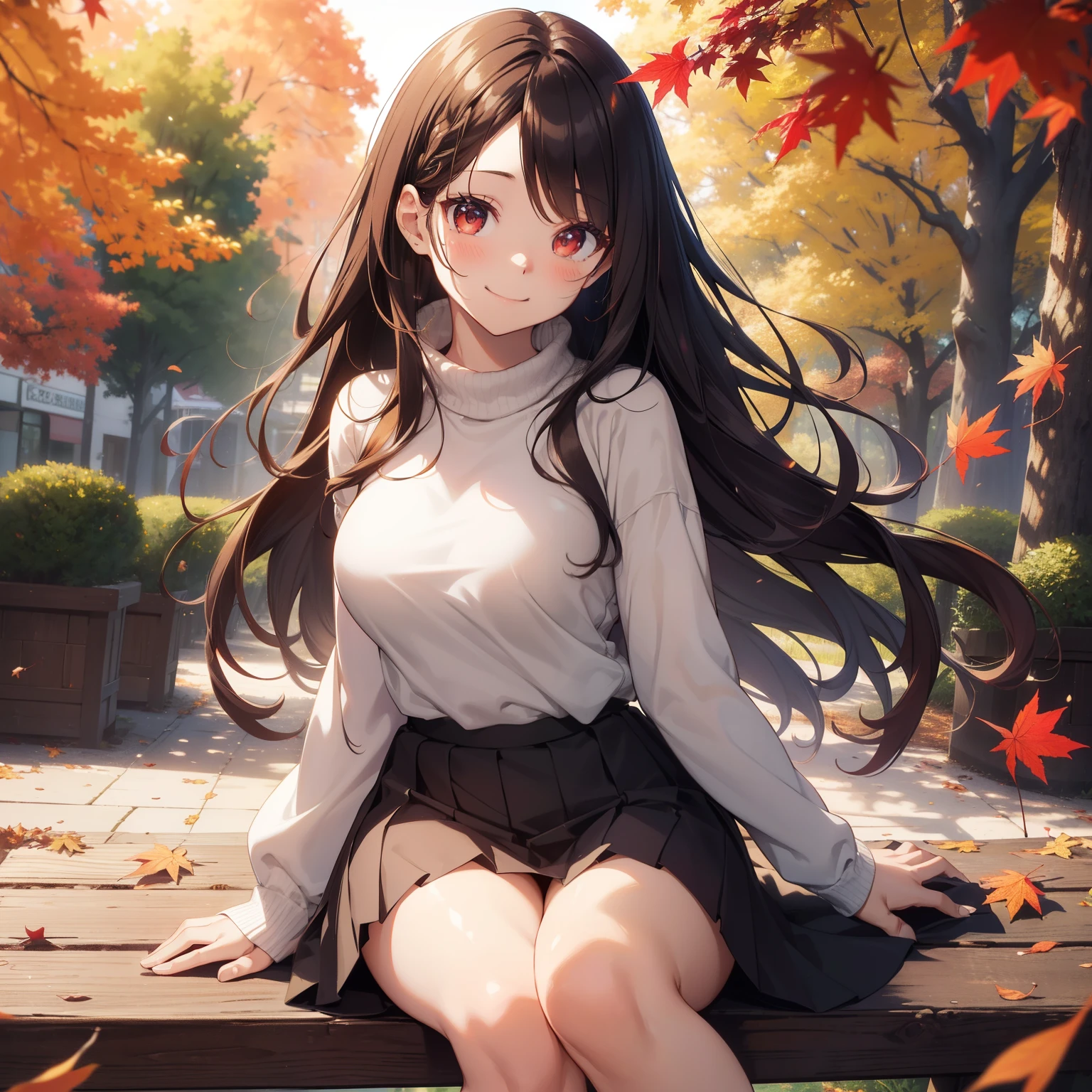 (masutepiece,Best Quality,8K),(extremely detailed CG1.1),s girl,Smile,large boob,(From below:1.2),Intricate details , Hyper realistic, Perfect Anatomy,A dark-haired,Red Eyes,(((Forehead))),Permed hair with wavy hair,(((length hair))),Hair over one eye,hair slicked back,Full body,Beige Knitwear,skirt by the,blush,Happy smile,Forest with deepening autumn leaves,Colored leaves,Lens Flare,Wind,Magnificent view,(chromatic abberation:1.3),Dynamic Angle,Cowboy Shot,Looking at Viewer,cafes,sitting on,coffee