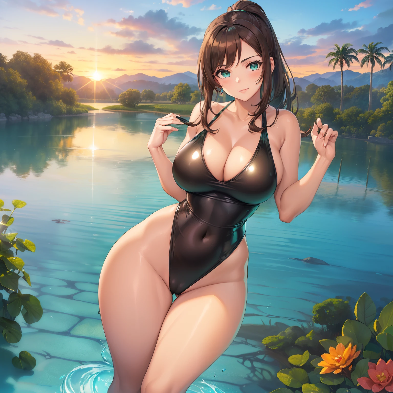 Masterpiece, Best Quality, (((Solo mature woman))), (((Brown hair))), Ponytail, Large chest, (((wide hips))), (((aqua green eyes))), full lips, seductive smile, cleavage, (standing in pond), sunset, horizon blushing, (((wearing shiny black one piece swimsuit))), [Janet], [Alice], ((very shiny skin)), "beautiful mature face" , age30 , milf , adult
