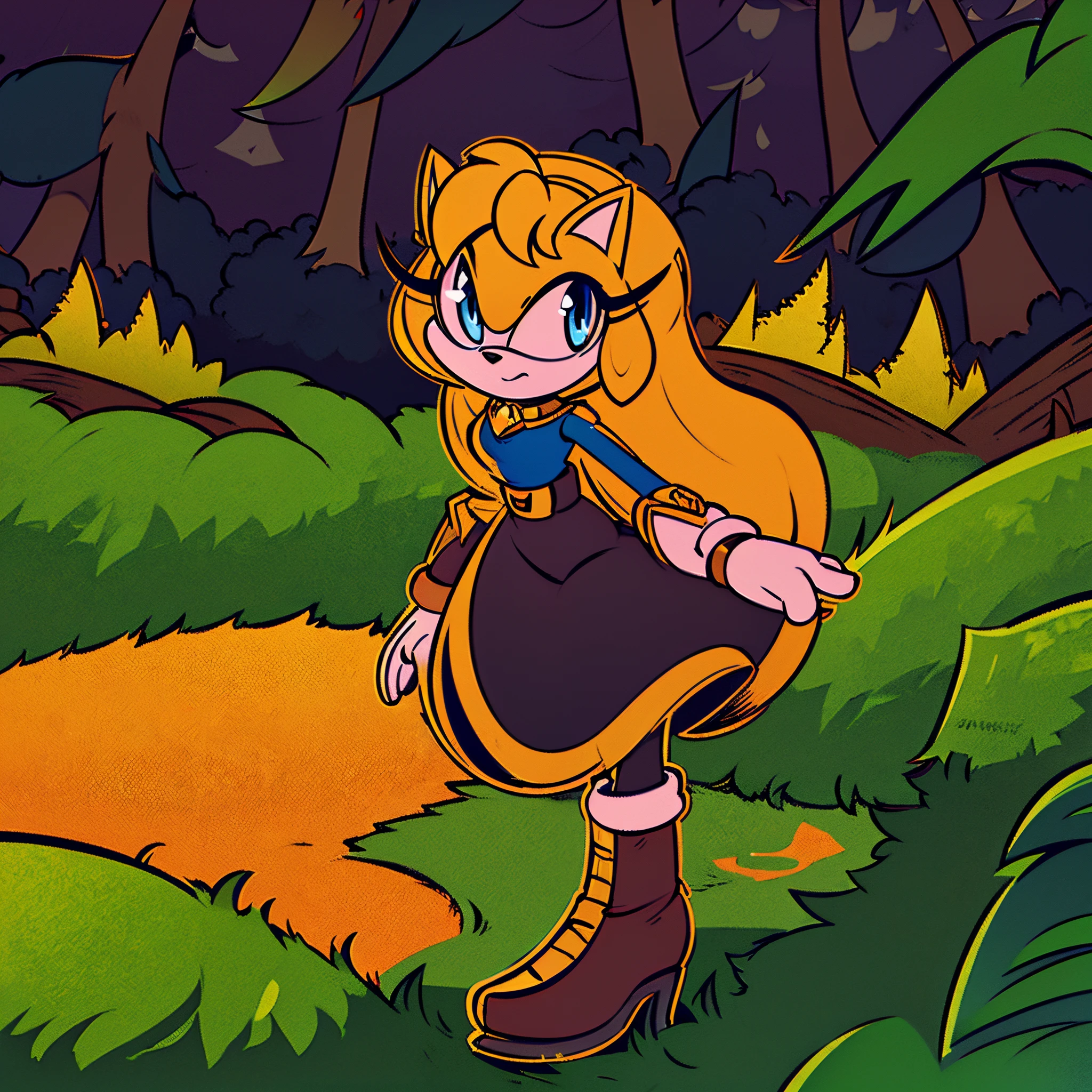 Female, mobian, Cat, 1girl, solo, looking at viewer, solo, alone, and calm, Princess Zelda, princess Zelda as a mobian, mobian cat, cat tail, lake and forest background, blonde fur, long hair, blue irises, black tights, hair bangs, blue adventuring outfit, consisting of a quilted blouse with gold detailing, fitted pants, and thick high heeled leather boots, walking by a lake, sunset, (insanely detailed, masterpiece, best quality, 4k)
