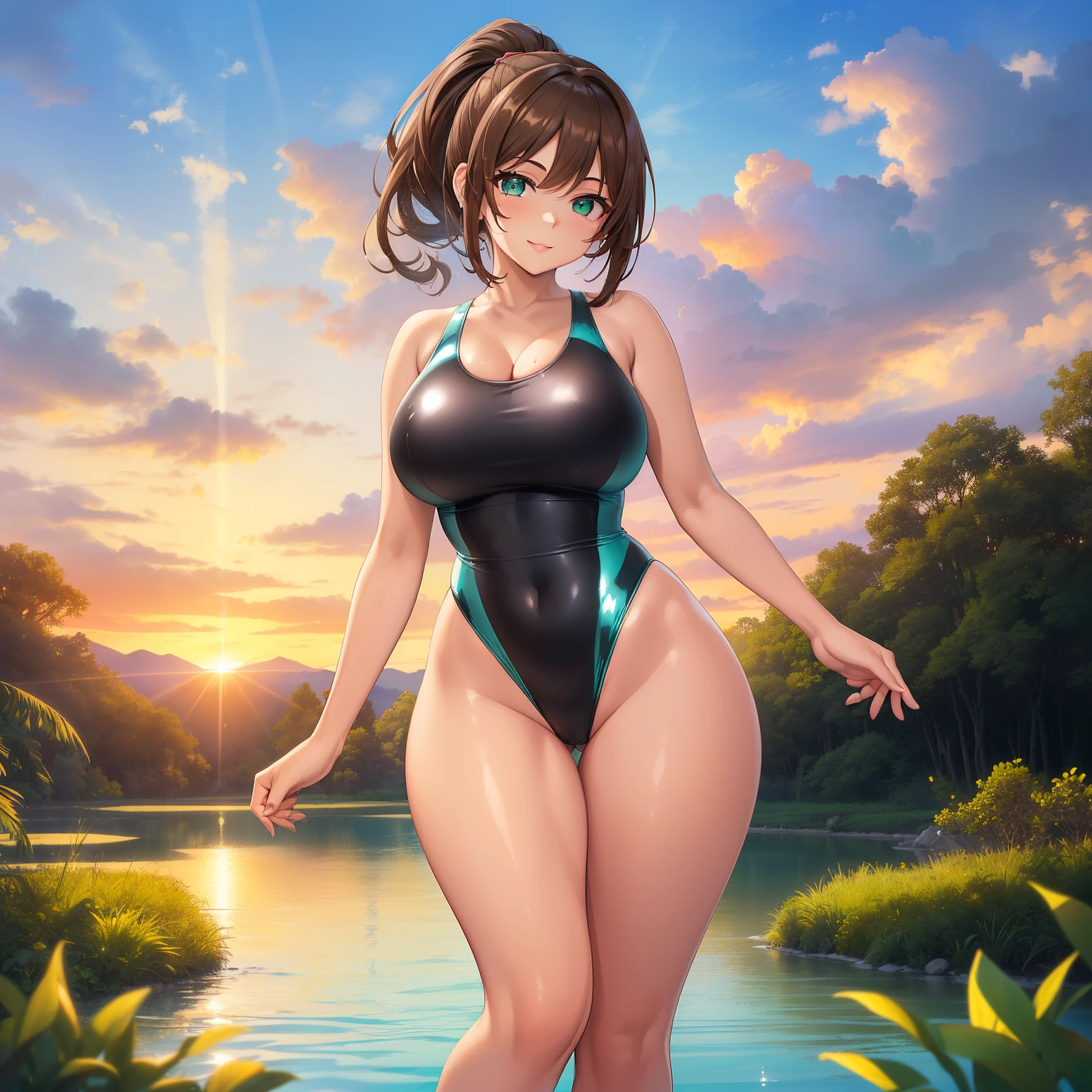 Masterpiece, Best Quality, (((Solo mature woman))), (((Brown hair))), Ponytail, Large chest, (((wide hips))), (((aqua green eyes))), full lips, seductive smile, cleavage, (standing in pond), sunset, horizon blushing, (((wearing shiny black one piece swimsuit))), [Janet], [Alice], ((very shiny skin)), "beautiful mature face" , age30 , milf , adult