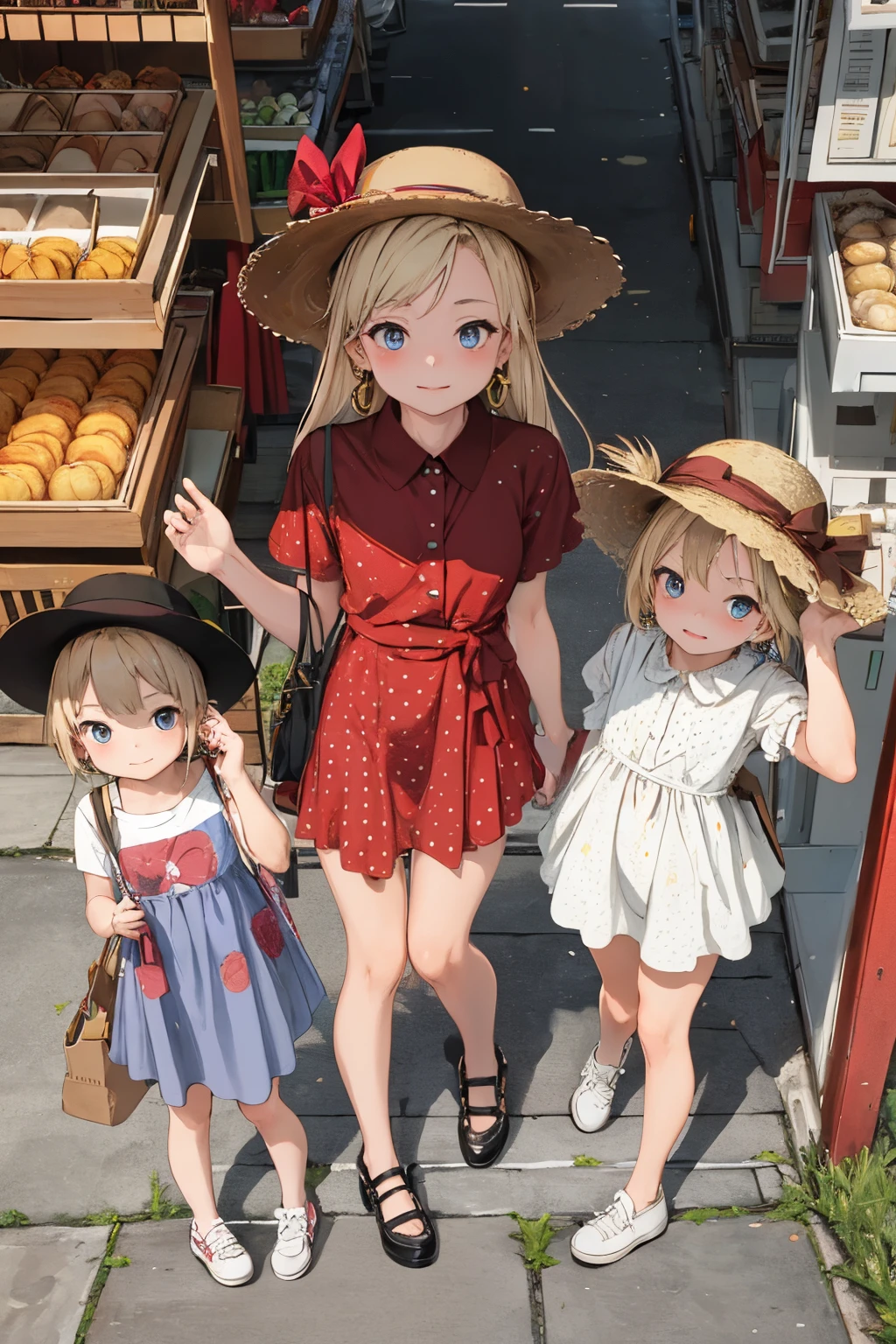 masterpiece, best quality,3girl,young girl, grapefruit eyes, ash blonde, long hair,unstable _face,shiny skin,flat chest,nice leg line:1.3,thick thighs, thin waist,, Red_polka_dot_wrap_dress, white_platform_espadrilles, woven_tote_bag, straw_hat, gold_hoop_earrings, cityscape,looking at viewer,from above:1.2,dynamic angle