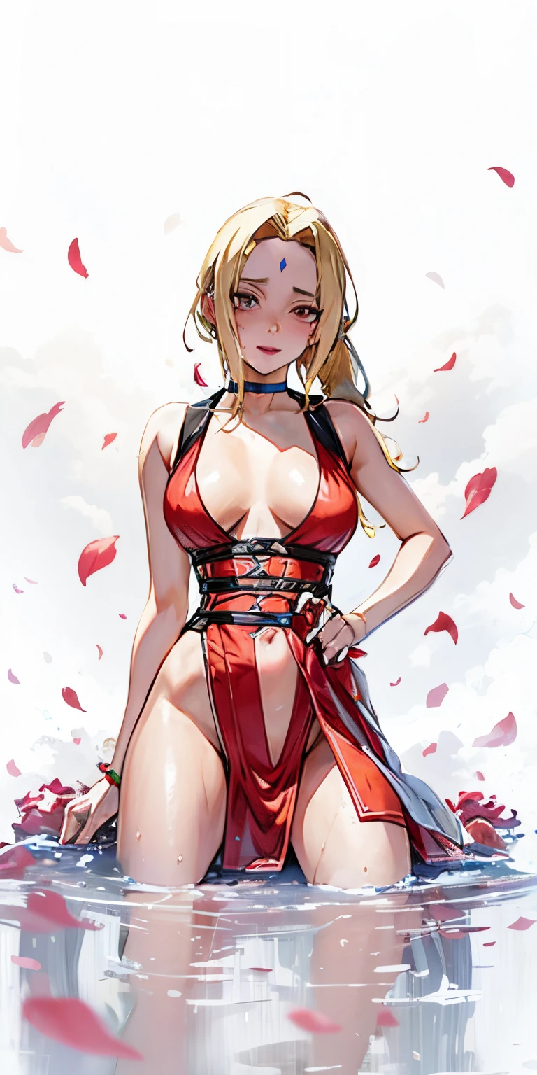 (shaded face:1.2), hollow eyes, blue eyes, looking at viewer, heavy breathing, smirk, uppert teeth, (blonde hair:1.4), forehead, bindi dot, low ponytail, petals, rose_petals, breasts, 1girl, dress, cleavage, rose, navel, wading, red_dress, flower, large_breasts, jewelry, long_hair, center_opening, multicolored_hair, hair_between_eyes, falling_petals, solo, looking_at_viewer, choker, petals_on_liquid, earrings, smile, bare_shoulders, wet, bracelet, blush, purple_eyes, gloves, streaked_hair, hand_on_hip, brown_hair, o-ring, cherry_blossoms, "glow effects, godrays, Hand drawn, render, 8k, octane render, cinema 4d, blender, dark, atmospheric 4k ultra detailed, cinematic, Sharp focus, big depth of field, Masterpiece, colors, 3d octane render, 4k, concept art, trending on artstation, hyperrealistic, Vivid colors, extremely detailed CG unity 8k wallpaper, trending on CGSociety, Intricate, High Detail, dramatic", sweating, steaming body, fog, (anime coloring, anime screencap:1.5)