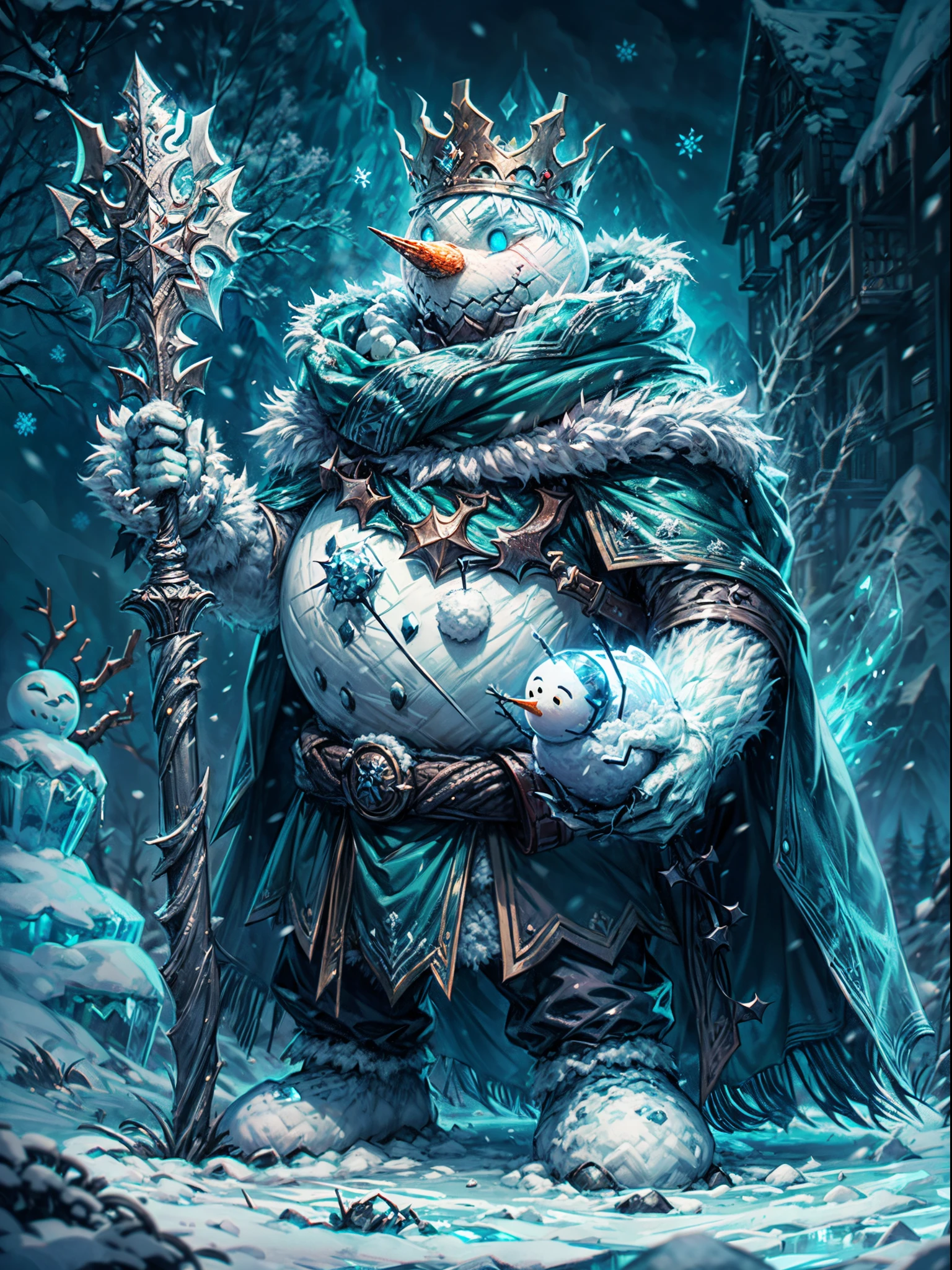 (a)high-quality,4k,photo-realistic:1.37,(b)dark,grim,(c)scene:imposing towering snowman king sitting on an icy throne,(d)scene:ominous dark castle in the background,(e)scene:icy landscape with snow-covered trees and mountains,(f)character:snowman king with detailed ice-crown and glowing blue eyes,(g)character:snowman king wearing a tattered cape made of frozen fabric,(h)character:snowman king holding a giant ice scepter with intricate carvings,(i)character:snowman king surrounded by loyal ice minions,(j)character:snowman king showing powerful ice-based magic,(k)atmosphere:eerie and mysterious,(l)lighting:moonlight shining through dark clouds, casting an eerie glow on the scene,(m)fight:brave warrior facing the snowman king in a ominous battle,(n)horror element:creepy ice-crystals forming a menacing grin on the snowman king's face,(o)game element:health bar and damage indicators appearing during the battle,(p)game element:epic boss fight music intensifying the atmosphere,(q)game element:strategic combat and dodging the snowman king's ice attacks,(r)game element:player's character equipped with ice-resistant armor and weapons,(s)game element:unlocking hidden abilities and powers to defeat the snowman king,(t)game element:collecting power-ups and upgrades throughout the game,(u)color theme:predominantly cool tones of blue, white, and gray,(v)lighting:subtle glow from magical runes embedded in the icy ground,(w)background detail:icy stalactites hanging from the castle ceiling,(x)background detail:frozen statues of defeated heroes adorning the castle walls,(y)background detail:ominous mist surrounding the battlefield,(z)background detail:subtle aurora borealis illuminating the night sky.