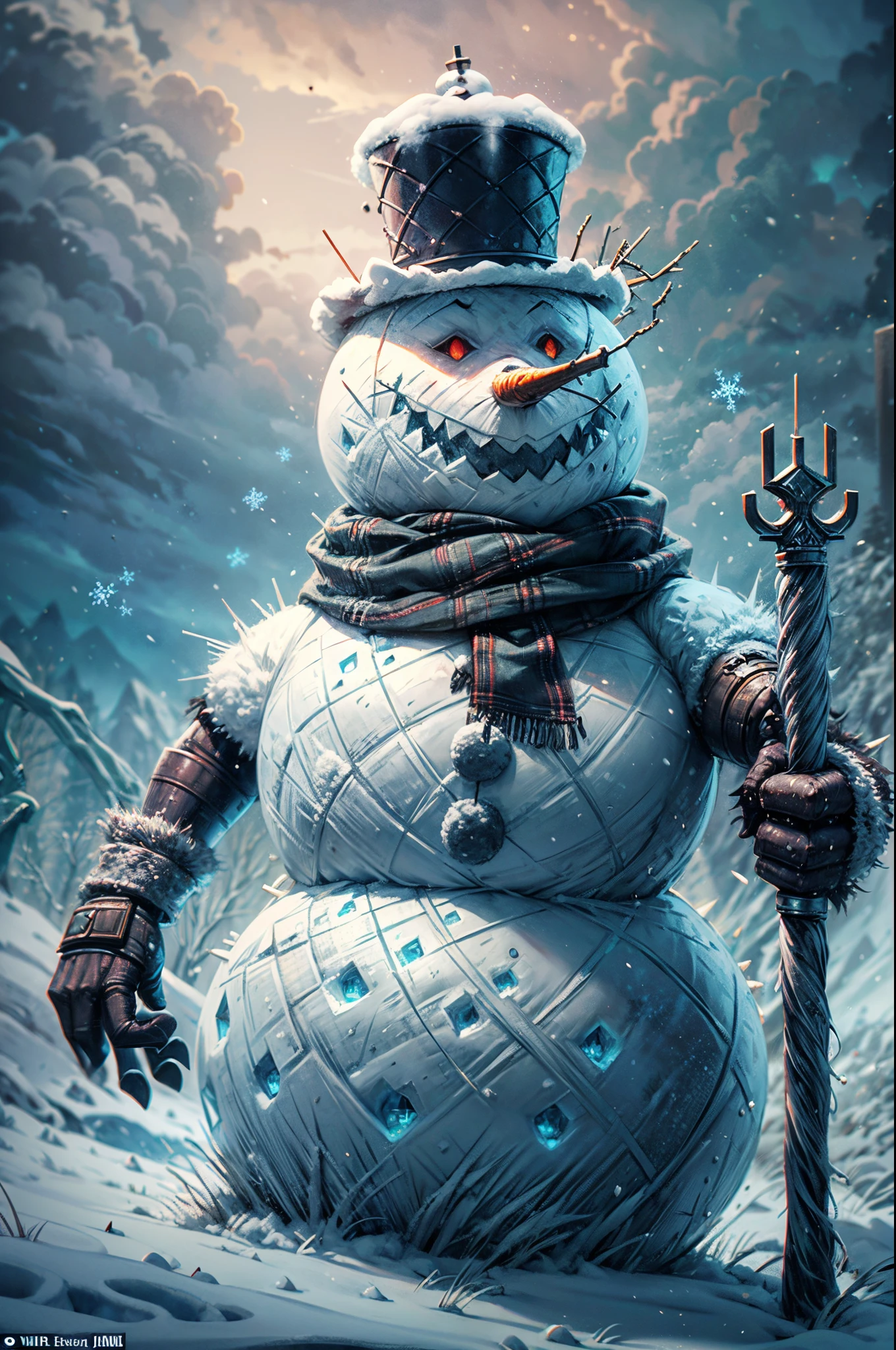 snowman boss,grandiose and majestic snowman,imposing and powerful snowman,dominant and formidable snowman,snowman with a commanding presence,villainous and menacing snowman,icy and chilling snowman,regal and noble snowman,defiant and fierce snowman,ice-covered snowman,battle-ready snowman,glowing eyes of the snowman,sparkling icicles on the snowman's body,cold and frosty breath of the snowman,armored and formidable snowman,looming over the game landscape,surrounded by a wintry and desolate environment,glimmering snowflakes falling around the snowman,bone-chilling wind whipping through the scene,dark and ominous clouds gathering in the sky,icy spikes protruding from the snowman's body,mystical and magical aura surrounding the snowman,the snowman holding a powerful weapon in its hands,carved details on the snowman's body,casting haunting shadows on the snowy ground,stunning and detailed textures on the snowman,showcasing every crack and crevice,naturalistic and realistic depiction of the snowman,breathtaking beauty of the snow-covered game world,vivid and vibrant colors contrasting with the snowy landscape,dynamic lighting illuminating the snowman from different angles,creating dramatic shadows and highlights,ethereal and otherworldly atmosphere,immersing players in a world of ice and snow,captivating and immersive artwork that captures the essence of the snowman boss in Elden Ring.