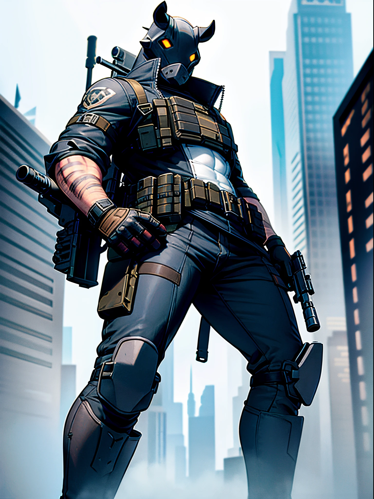 Solo, single, rhino, rhino head, armor, ammunition belt, holding a machine gun, holding a gun, standing, smug, combat boots, bank backdrop, bank robber, mutant