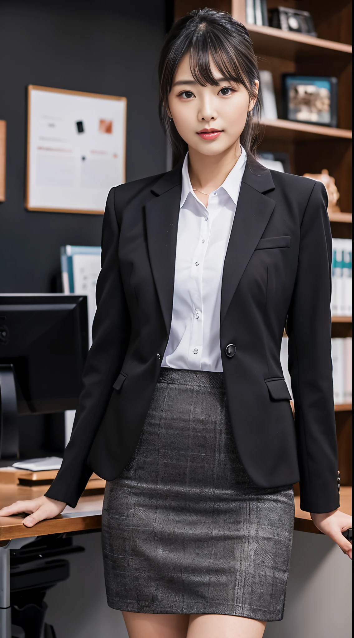 ((masterpiece, best quality,  FHD, 16K :1.3)) ,Japanese woman,Black Suit ,Black Pencil Skirt, cowboy shot,Office