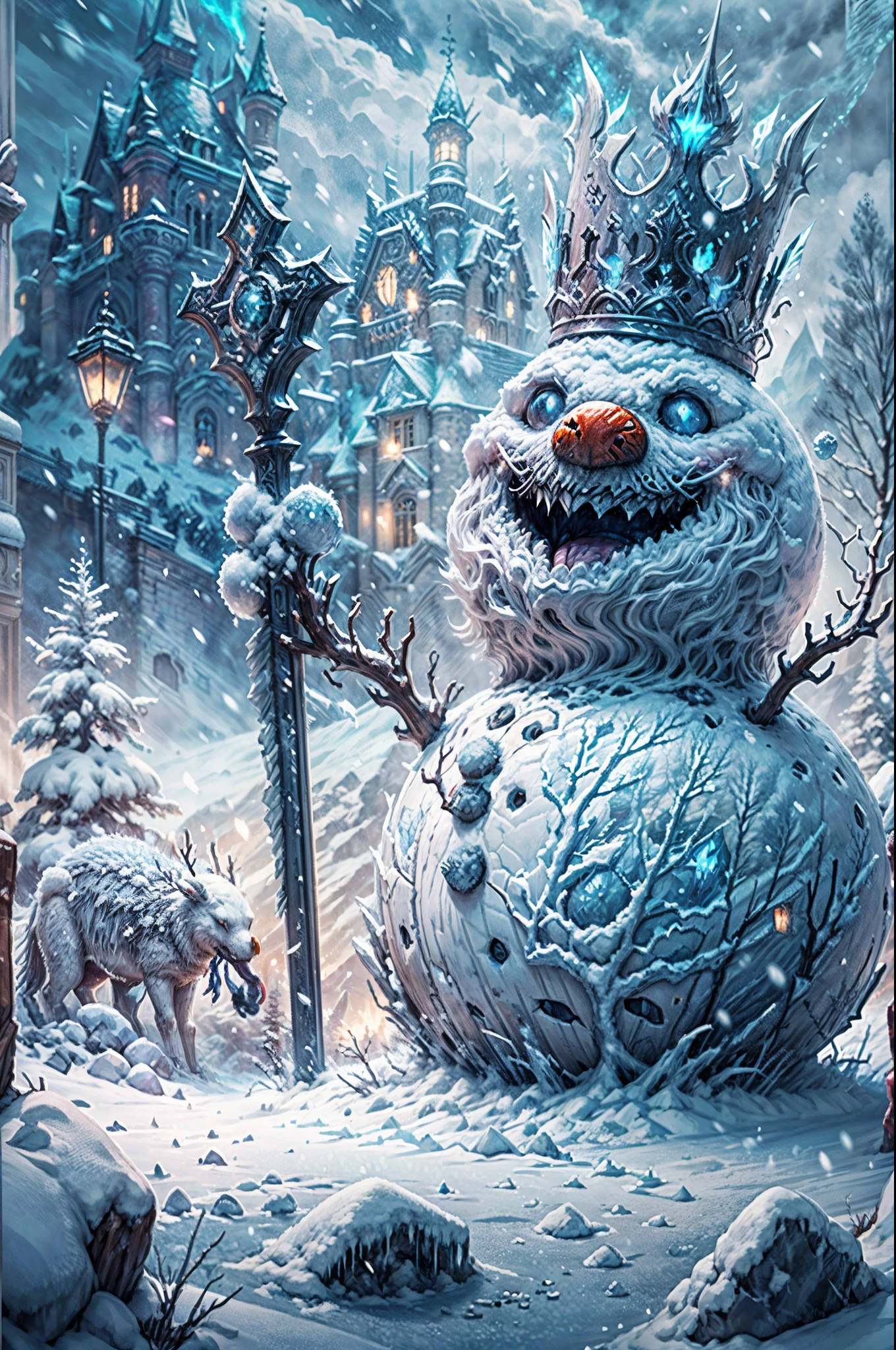 (a)high-quality,4k,photo-realistic:1.37,(b)dark,grim,(c)scene:imposing towering snowman king sitting on an icy throne,(d)scene:ominous dark castle in the background,(e)scene:icy landscape with snow-covered trees and mountains,(f)character:snowman king with detailed ice-crown and glowing blue eyes,(g)character:snowman king wearing a tattered cape made of frozen fabric,(h)character:snowman king holding a giant ice scepter with intricate carvings,(i)character:snowman king surrounded by loyal ice minions,(j)character:snowman king showing powerful ice-based magic,(k)atmosphere:eerie and mysterious,(l)lighting:moonlight shining through dark clouds, casting an eerie glow on the scene,(m)fight:brave warrior facing the snowman king in a ominous battle,(n)horror element:creepy ice-crystals forming a menacing grin on the snowman king's face,(o)game element:health bar and damage indicators appearing during the battle,(p)game element:epic boss fight music intensifying the atmosphere,(q)game element:strategic combat and dodging the snowman king's ice attacks,(r)game element:player's character equipped with ice-resistant armor and weapons,(s)game element:unlocking hidden abilities and powers to defeat the snowman king,(t)game element:collecting power-ups and upgrades throughout the game,(u)color theme:predominantly cool tones of blue, white, and gray,(v)lighting:subtle glow from magical runes embedded in the icy ground,(w)background detail:icy stalactites hanging from the castle ceiling,(x)background detail:frozen statues of defeated heroes adorning the castle walls,(y)background detail:ominous mist surrounding the battlefield,(z)background detail:subtle aurora borealis illuminating the night sky.